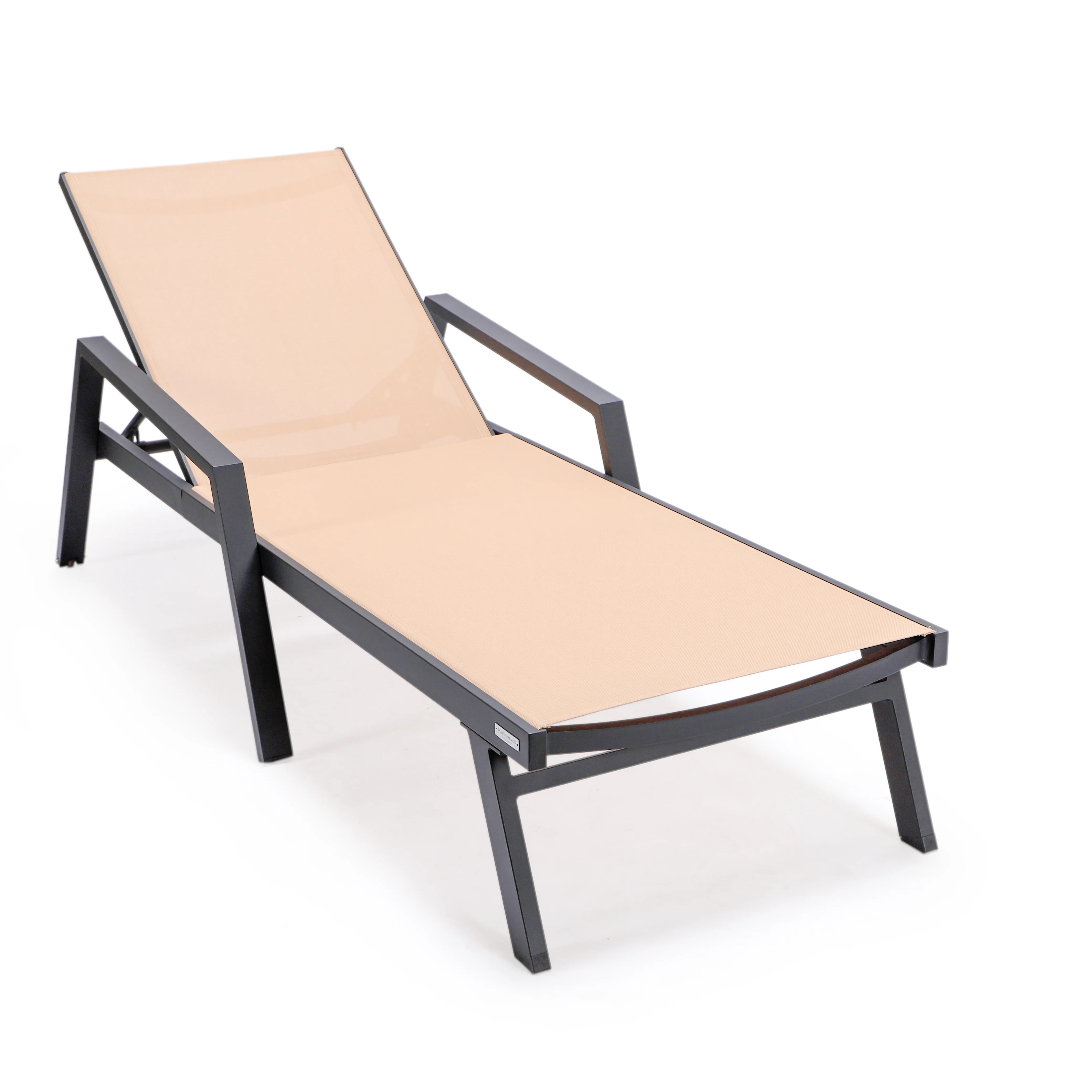 Marlin Patio Chaise Lounge Chair With Armrests in Black Aluminum Frame, Set of 2 in Light Brown