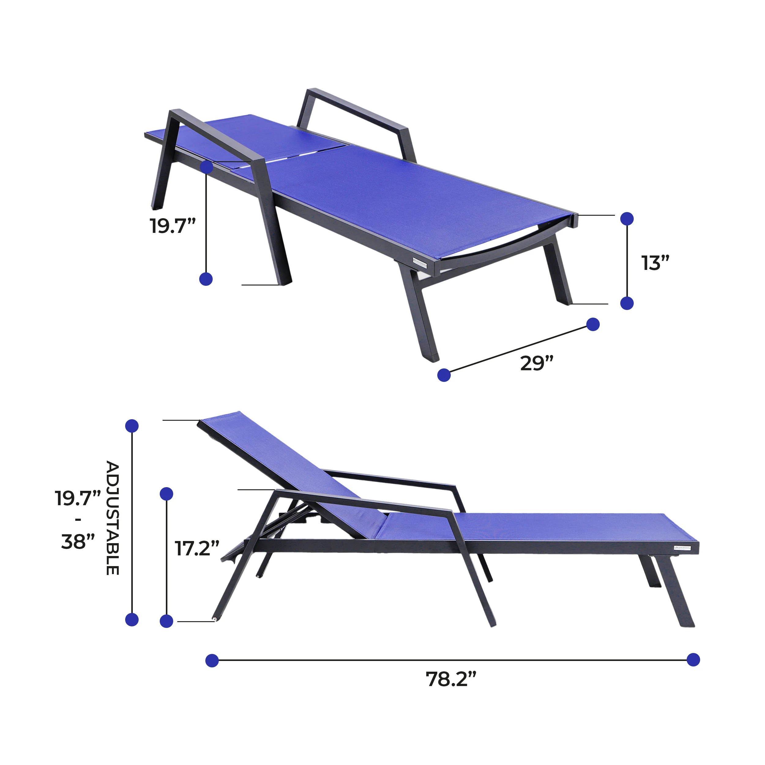 Marlin Patio Chaise Lounge Chair With Armrests in Black Aluminum Frame