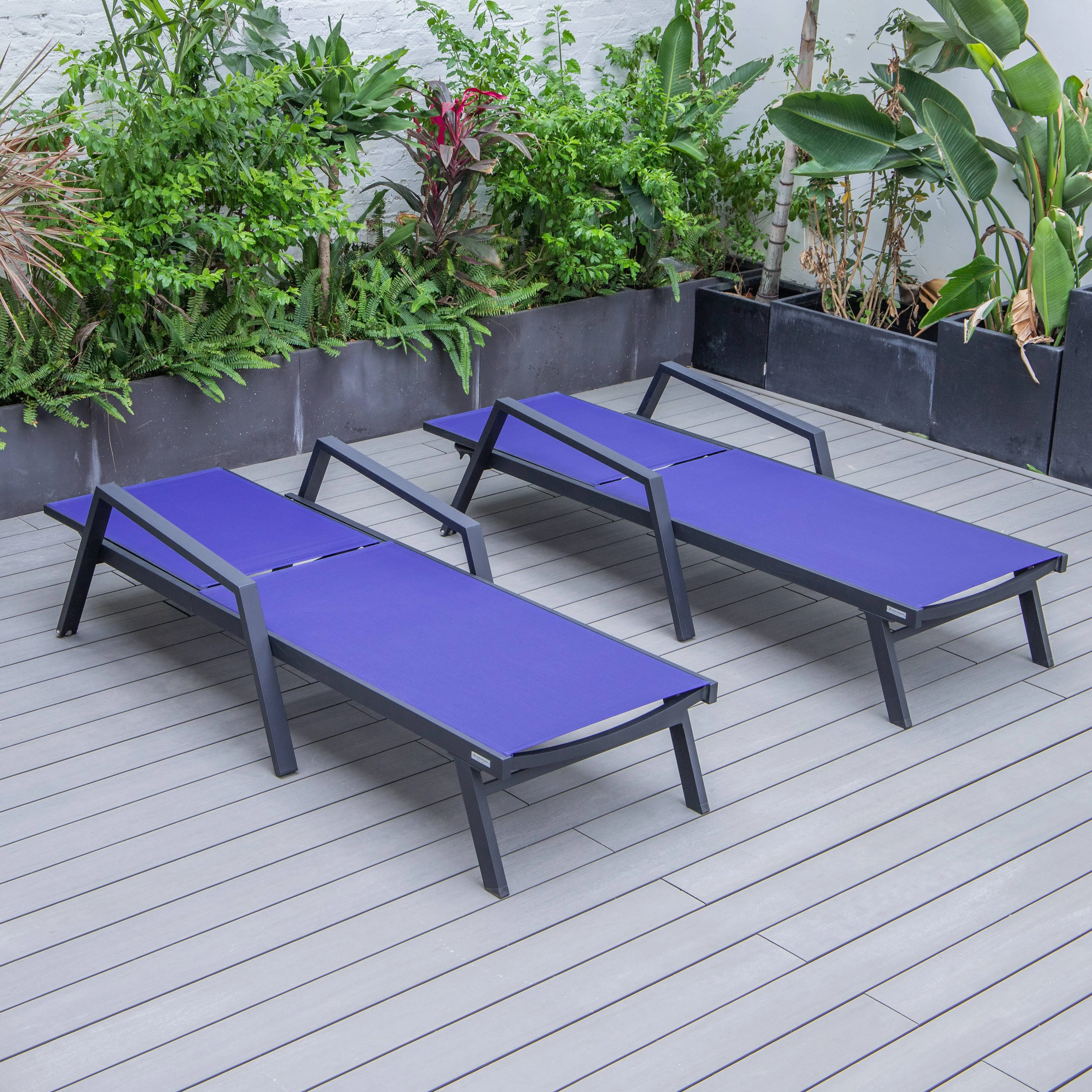 Marlin Patio Chaise Lounge Chair With Armrests in Black Aluminum Frame, Set of 2 in Navy Blue
