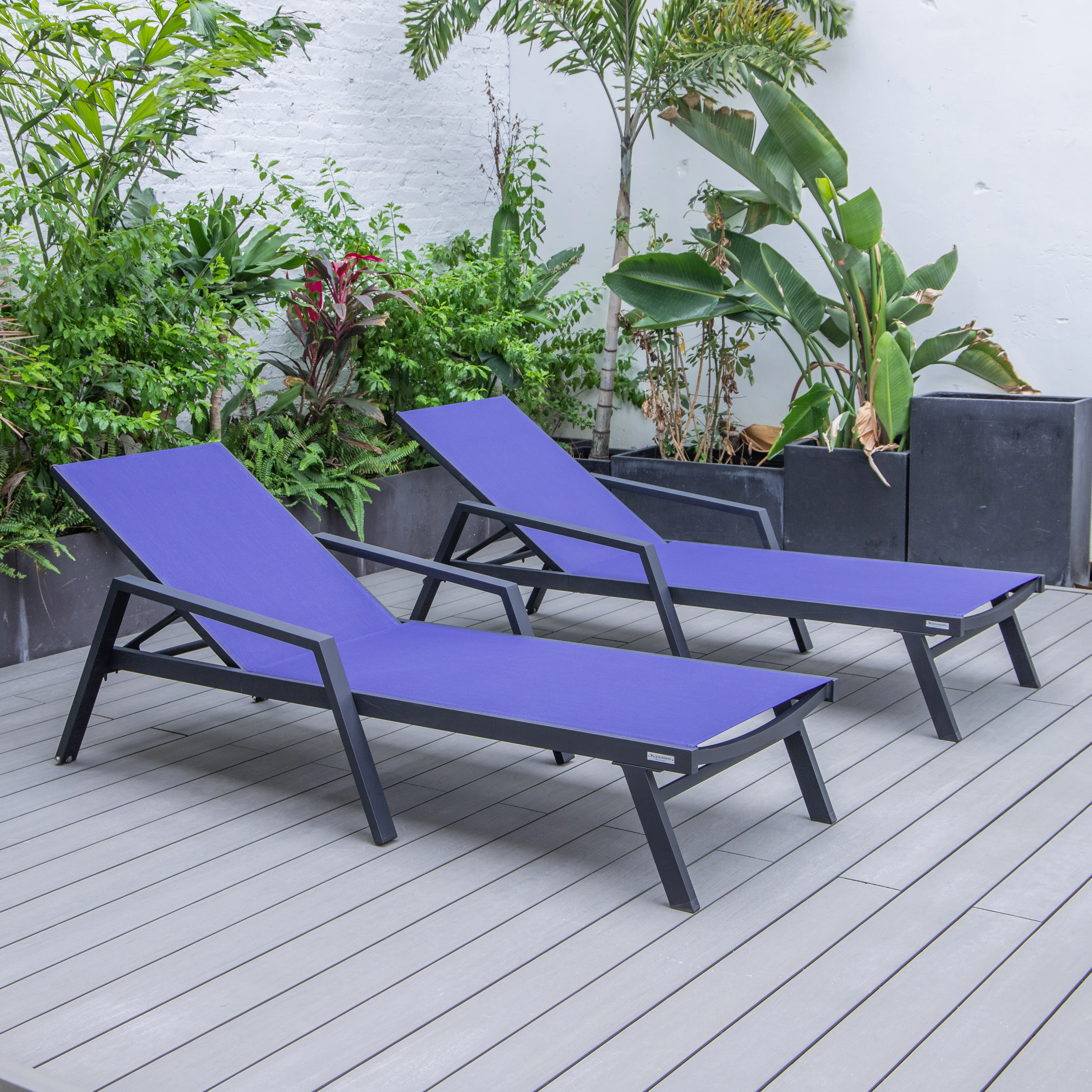 Marlin Patio Chaise Lounge Chair With Armrests in Black Aluminum Frame, Set of 2 in Navy Blue