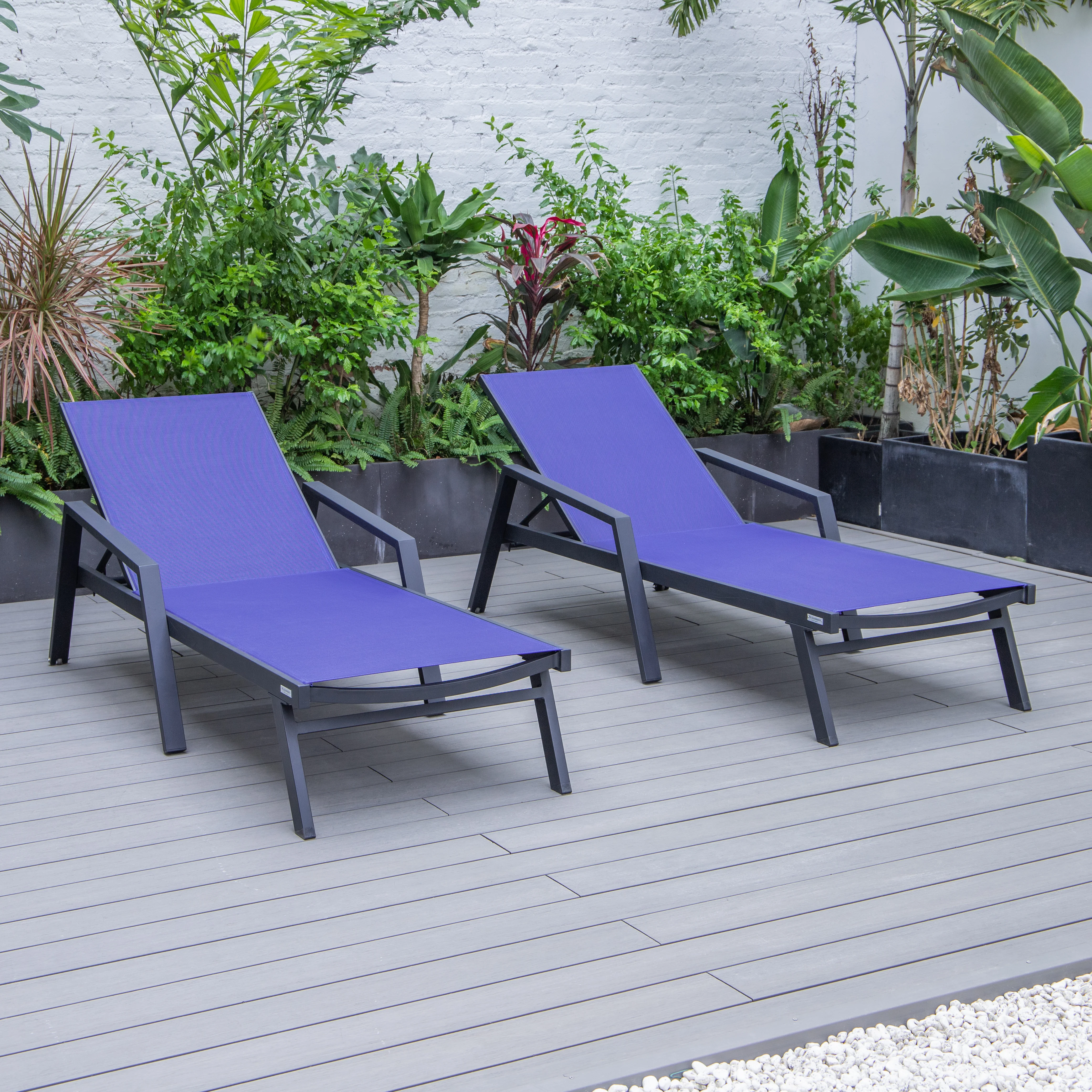 Marlin Patio Chaise Lounge Chair With Armrests in Black Aluminum Frame, Set of 2 in Navy Blue