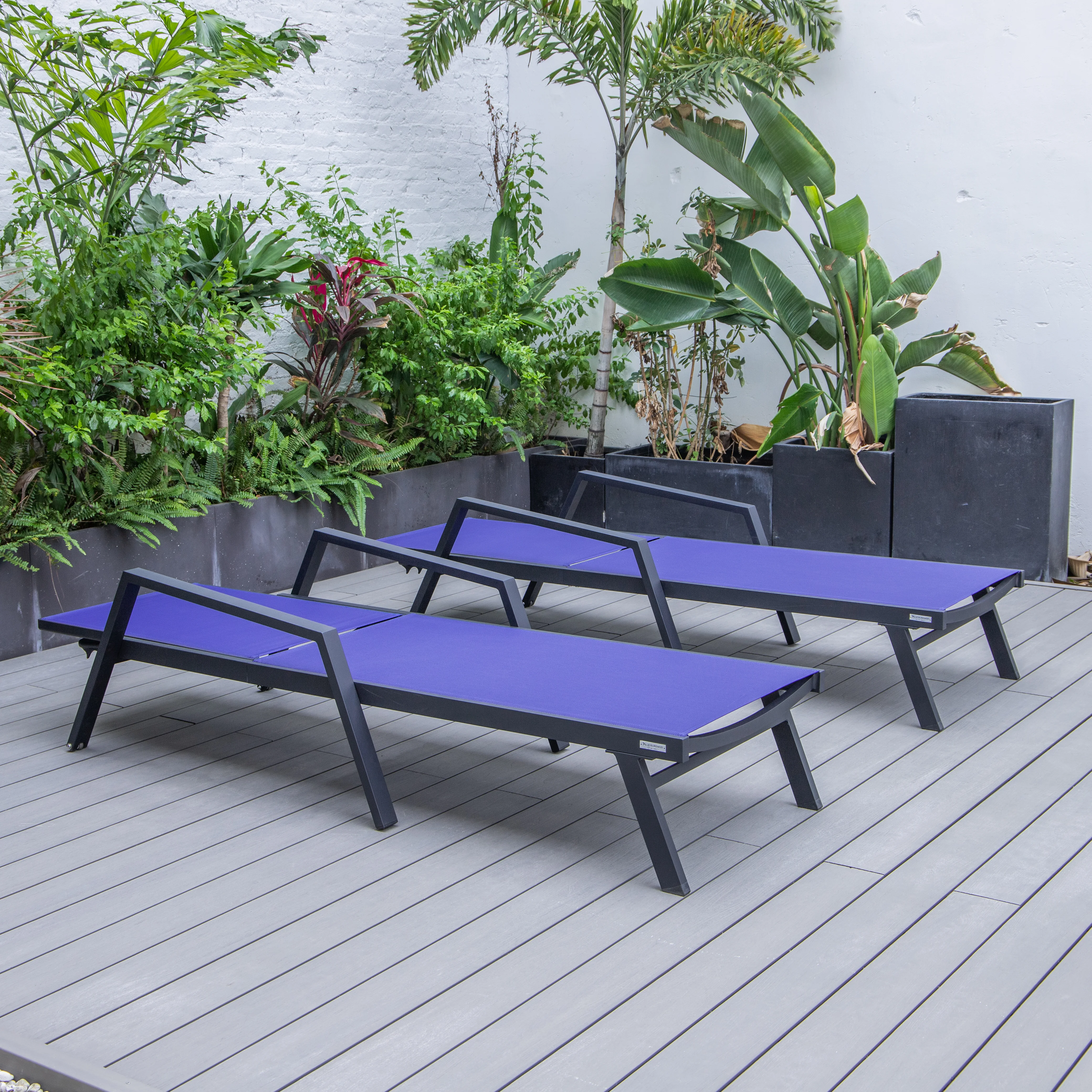 Marlin Patio Chaise Lounge Chair With Armrests in Black Aluminum Frame, Set of 2 in Navy Blue