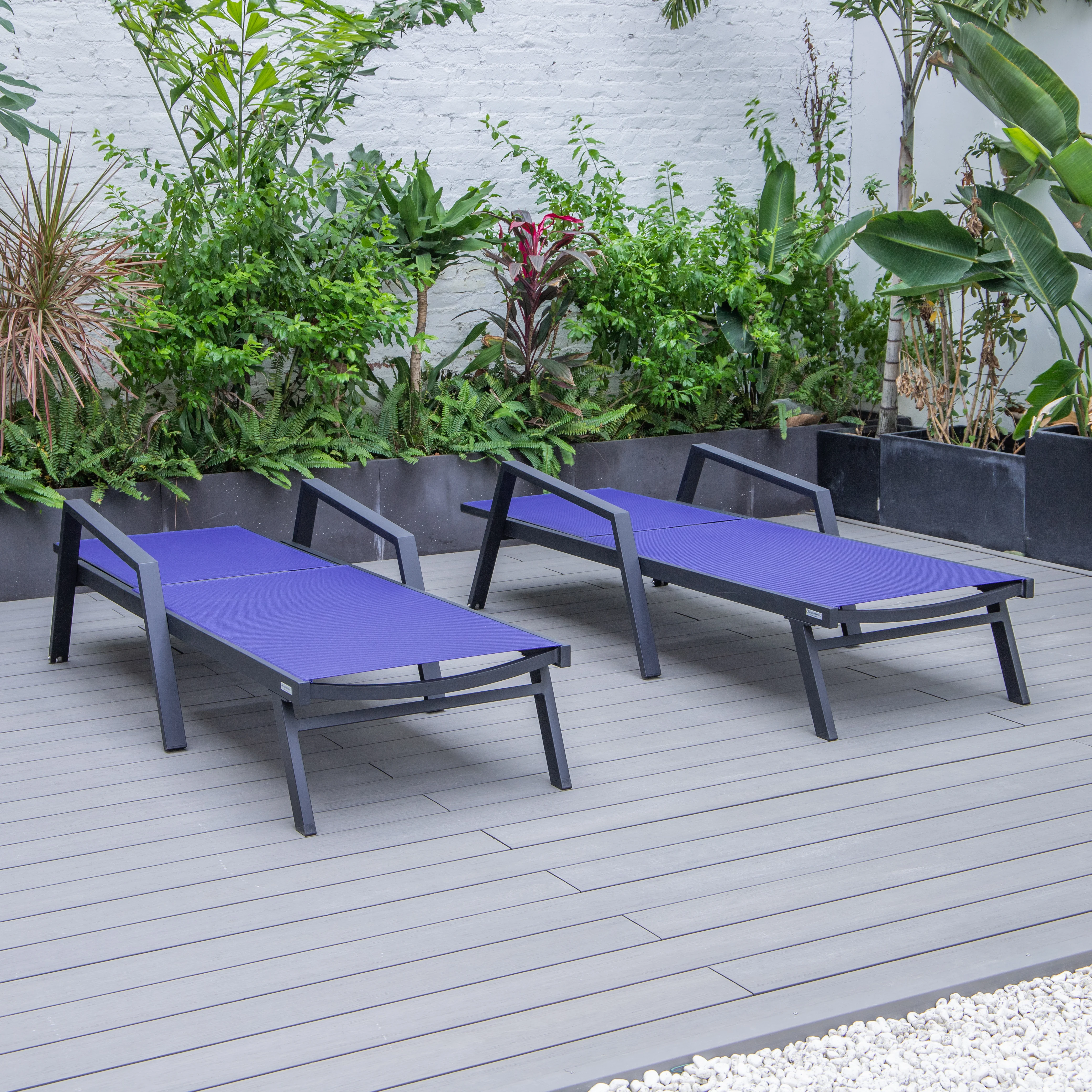 Marlin Patio Chaise Lounge Chair With Armrests in Black Aluminum Frame, Set of 2 in Navy Blue