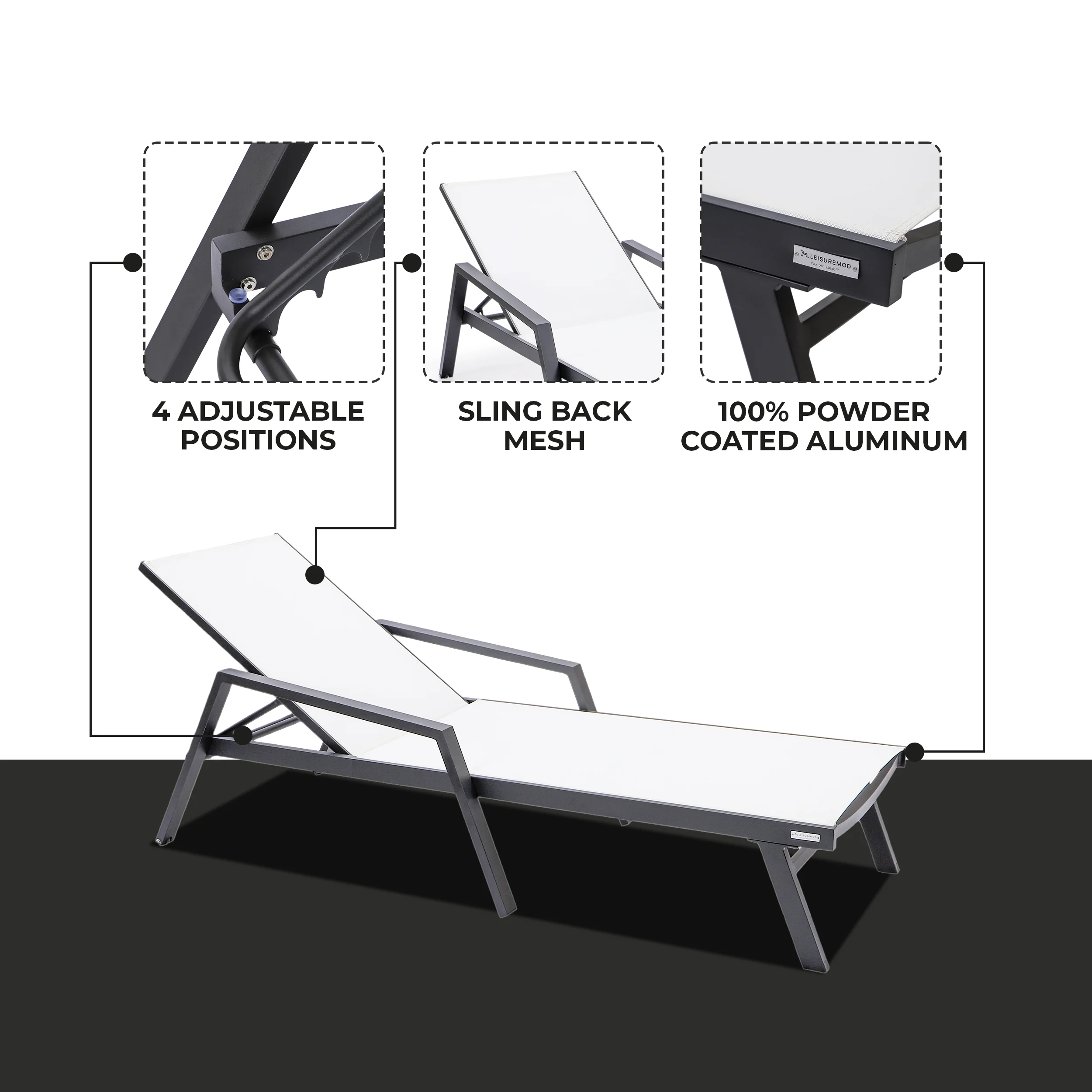 Marlin Patio Chaise Lounge Chair With Armrests in Black Aluminum Frame