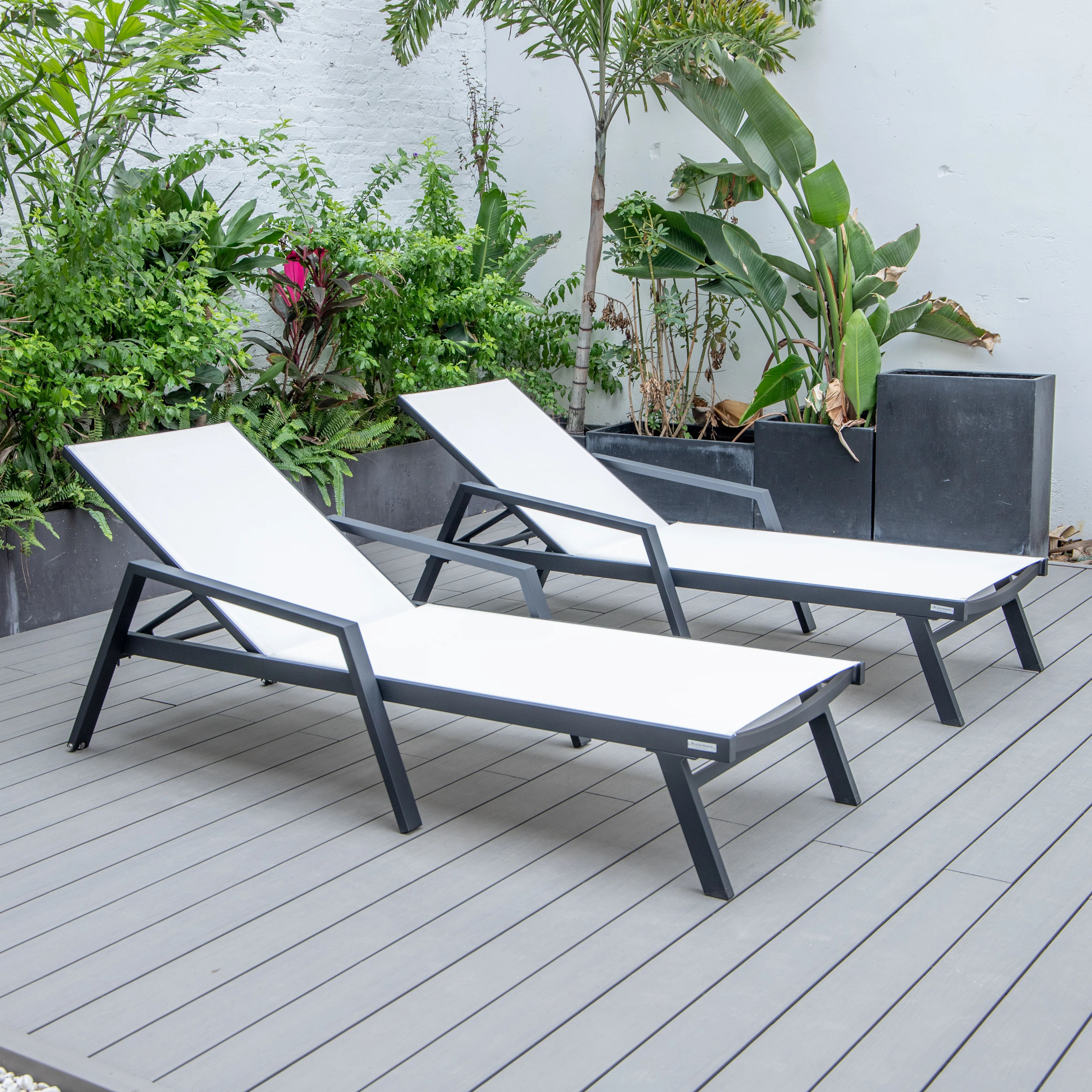 Marlin Patio Chaise Lounge Chair With Armrests in Black Aluminum Frame, Set of 2 in White