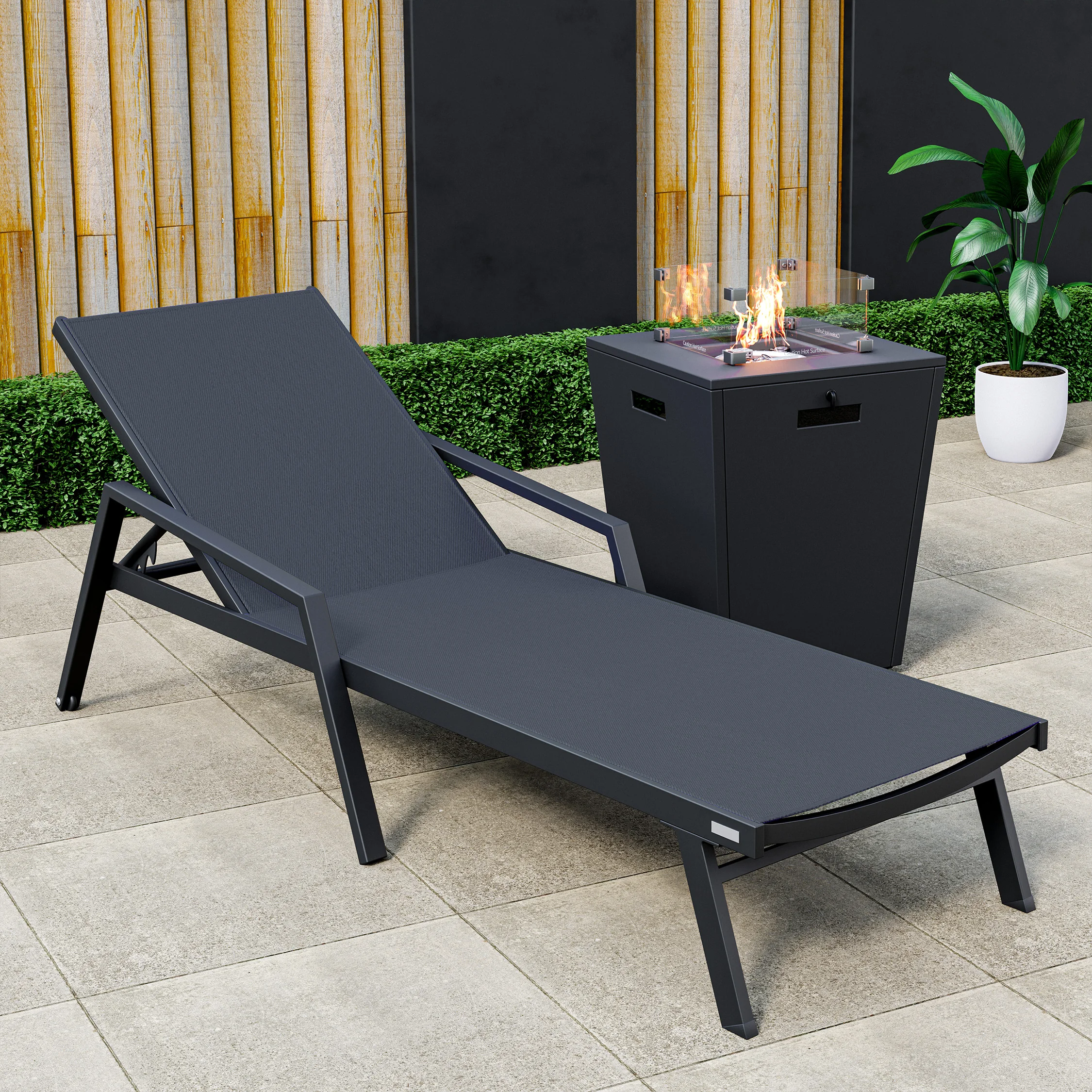 Marlin Modern Black Aluminum Outdoor Patio Chaise Lounge Chair With Arms and Square Fire Pit Side Table Perfect for Patio, Lawn, and Garden