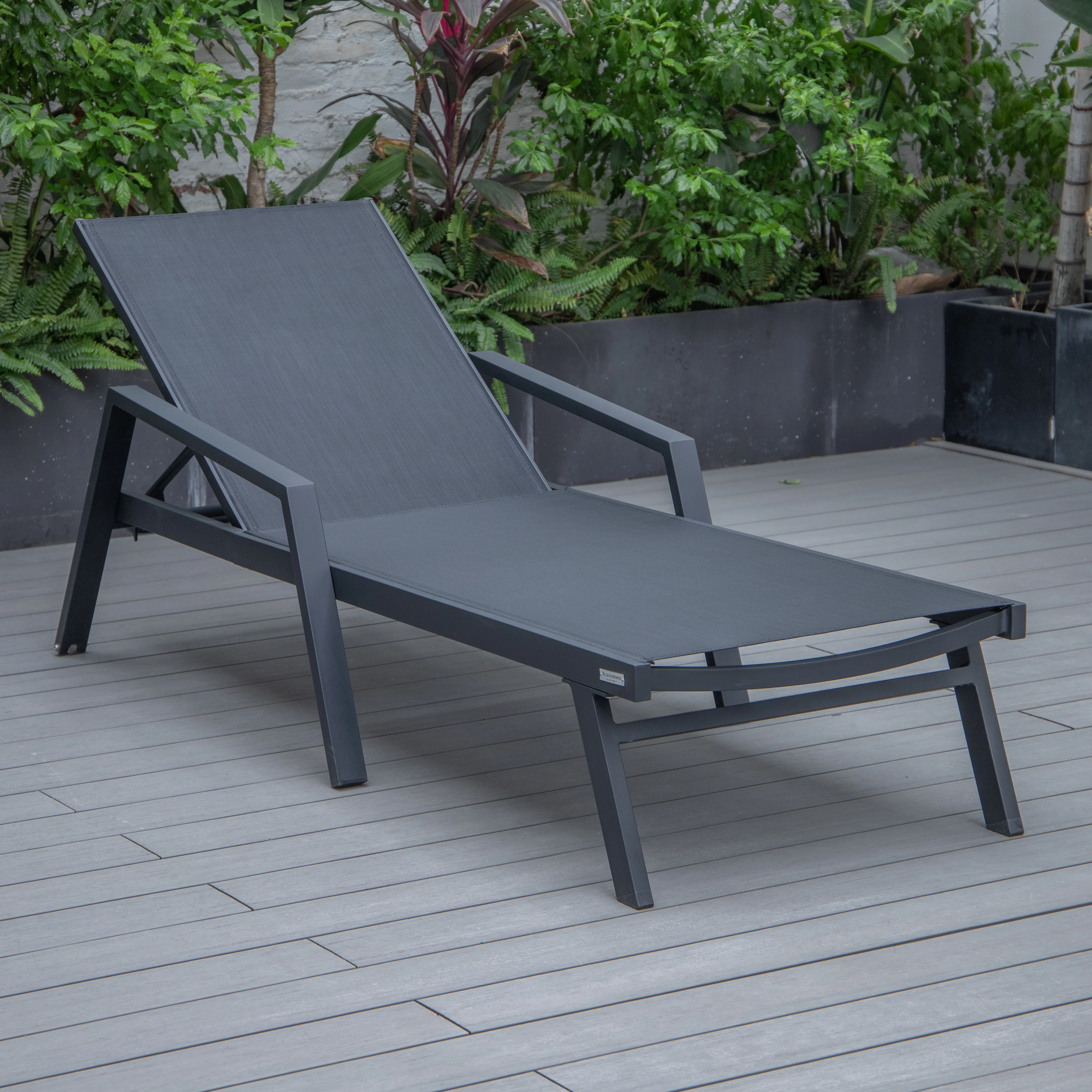 Marlin Modern Black Aluminum Outdoor Patio Chaise Lounge Chair With Arms and Square Fire Pit Side Table Perfect for Patio, Lawn, and Garden