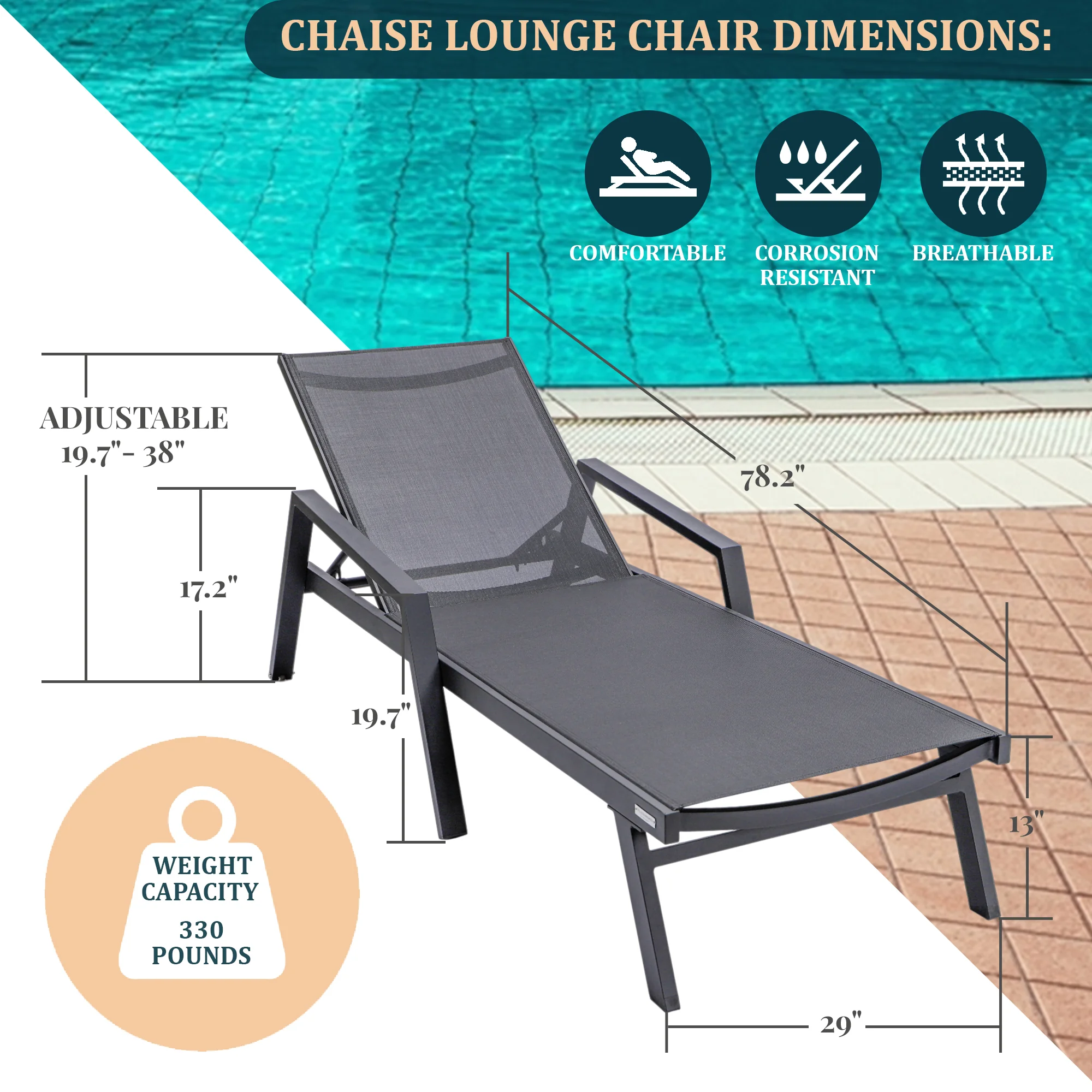 Marlin Modern Black Aluminum Outdoor Patio Chaise Lounge Chair With Arms and Square Fire Pit Side Table Perfect for Patio, Lawn, and Garden
