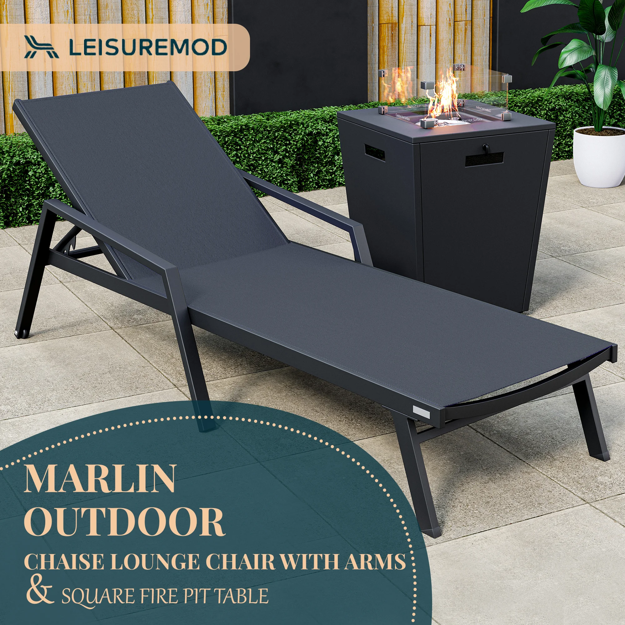 Marlin Modern Black Aluminum Outdoor Patio Chaise Lounge Chair With Arms and Square Fire Pit Side Table Perfect for Patio, Lawn, and Garden