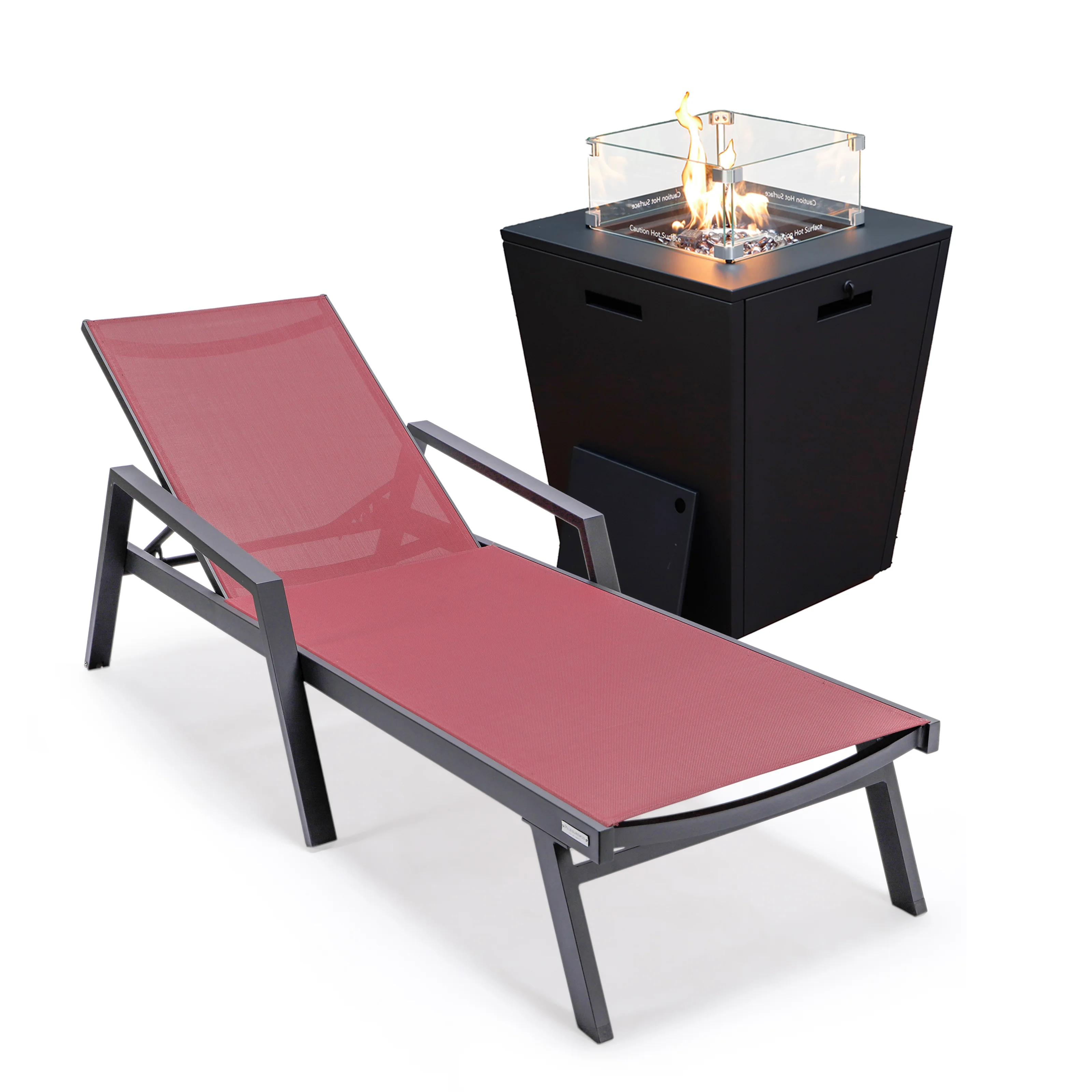 Marlin Modern Black Aluminum Outdoor Patio Chaise Lounge Chair With Arms and Square Fire Pit Side Table Perfect for Patio, Lawn, and Garden