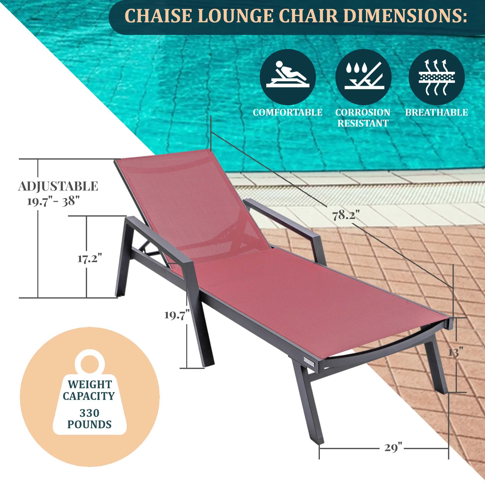 Marlin Modern Black Aluminum Outdoor Patio Chaise Lounge Chair With Arms and Square Fire Pit Side Table Perfect for Patio, Lawn, and Garden