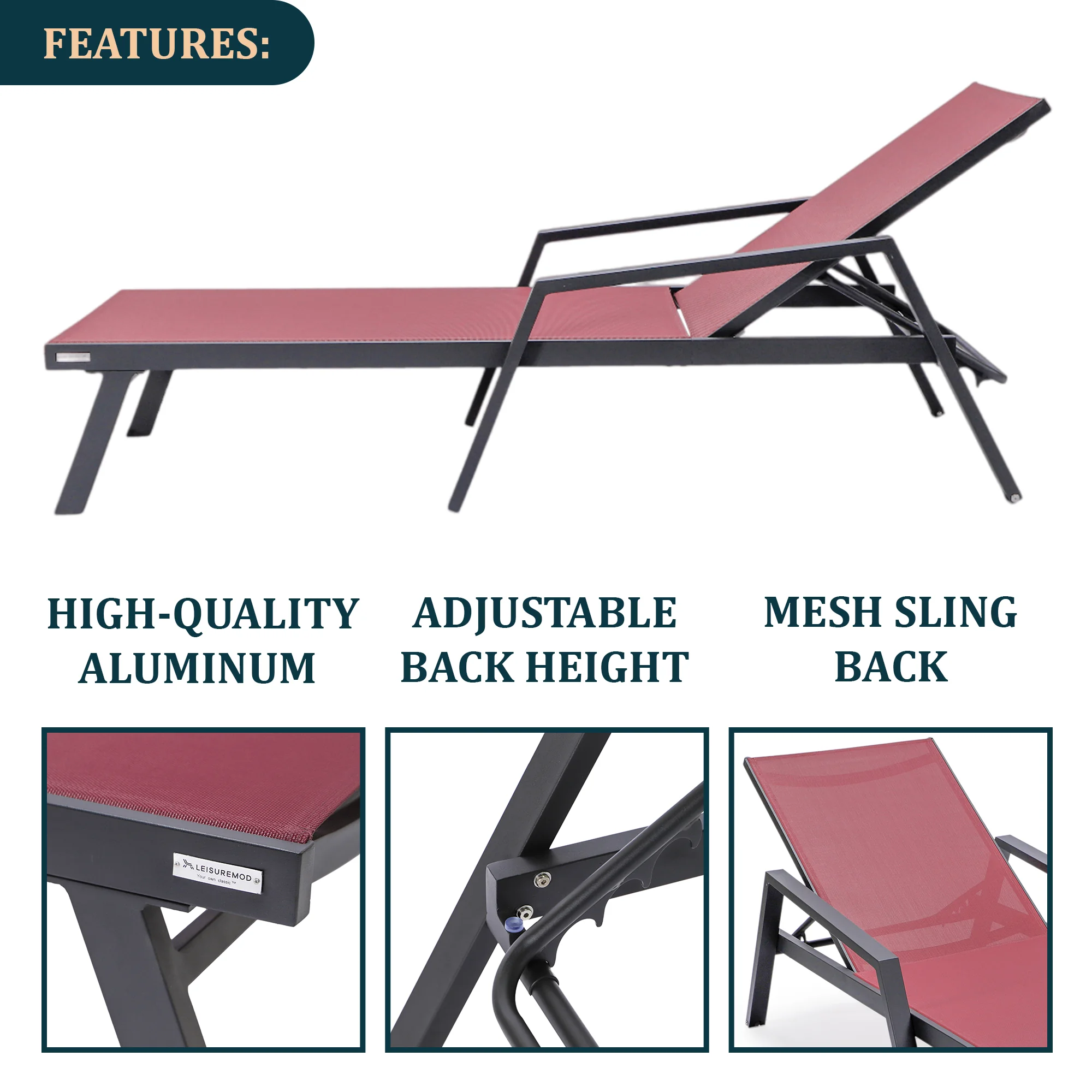 Marlin Modern Black Aluminum Outdoor Patio Chaise Lounge Chair With Arms and Square Fire Pit Side Table Perfect for Patio, Lawn, and Garden