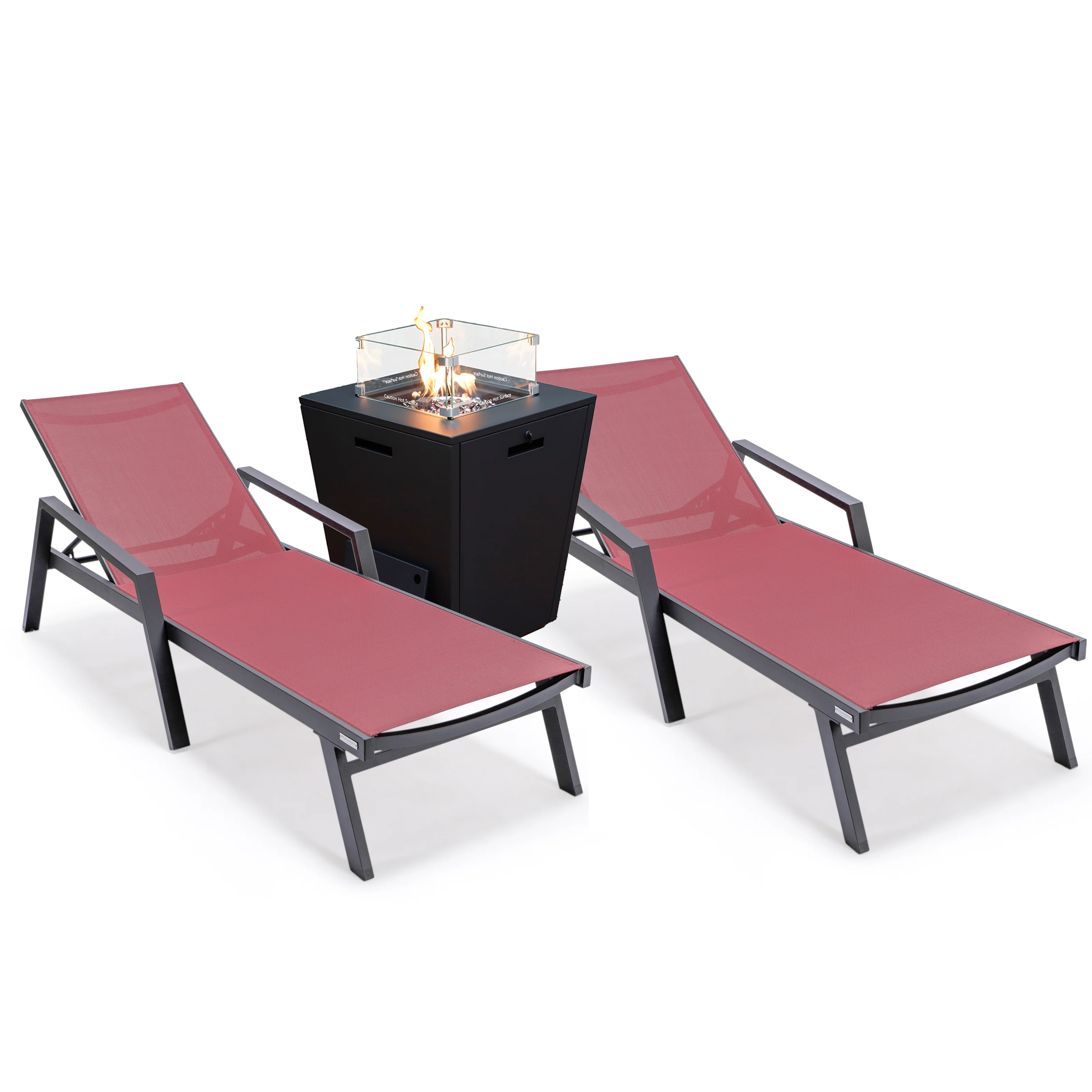 Marlin Modern Aluminum Outdoor Patio Chaise Lounge Chair With Arms Set of 2 with Square Fire Pit Side Table Perfect for Patio, Lawn, and Garden