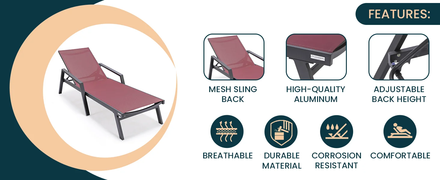 Marlin Modern Aluminum Outdoor Patio Chaise Lounge Chair With Arms Set of 2 with Square Fire Pit Side Table Perfect for Patio, Lawn, and Garden