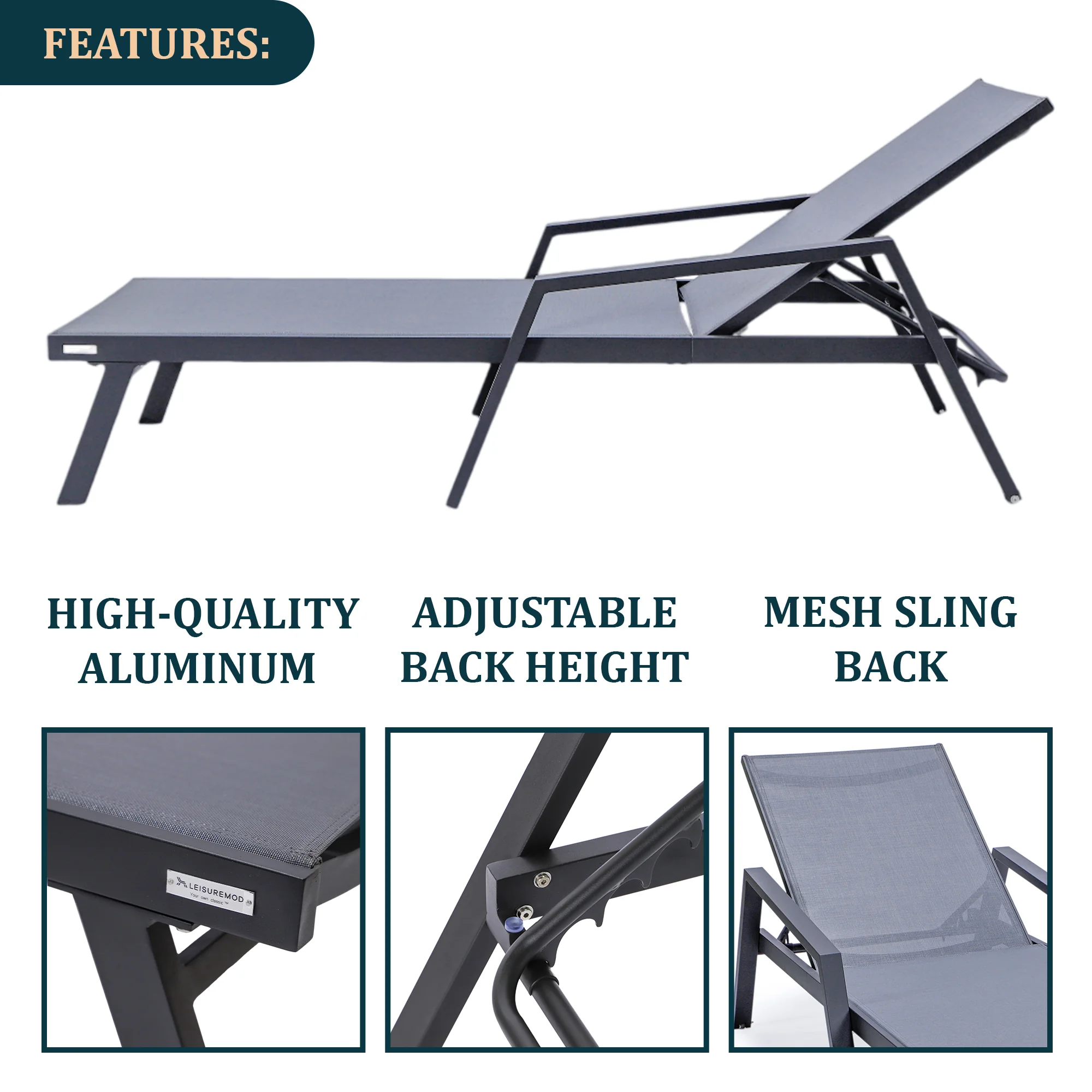 Marlin Modern Black Aluminum Outdoor Patio Chaise Lounge Chair With Arms and Square Fire Pit Side Table Perfect for Patio, Lawn, and Garden