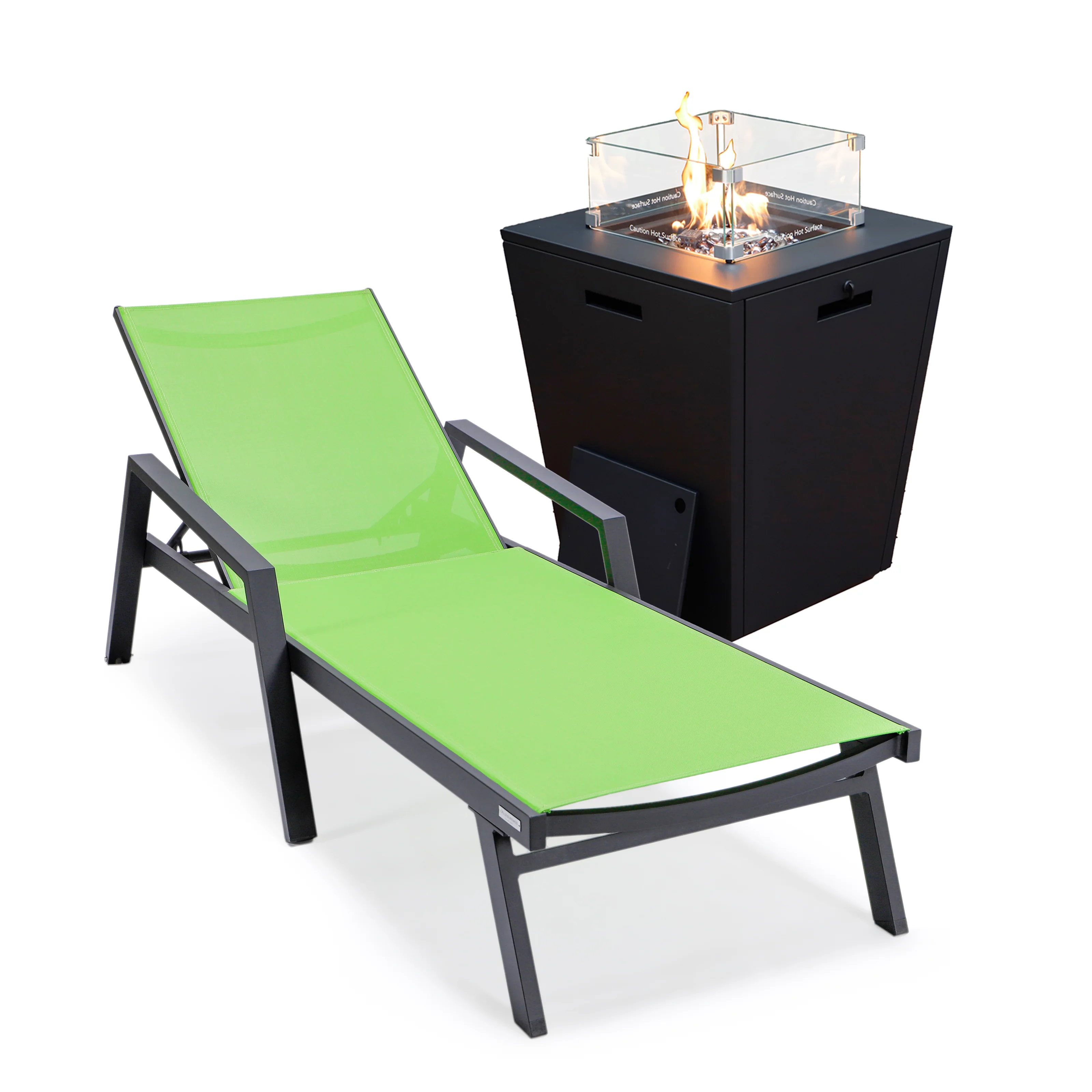 Marlin Modern Black Aluminum Outdoor Patio Chaise Lounge Chair With Arms and Square Fire Pit Side Table Perfect for Patio, Lawn, and Garden