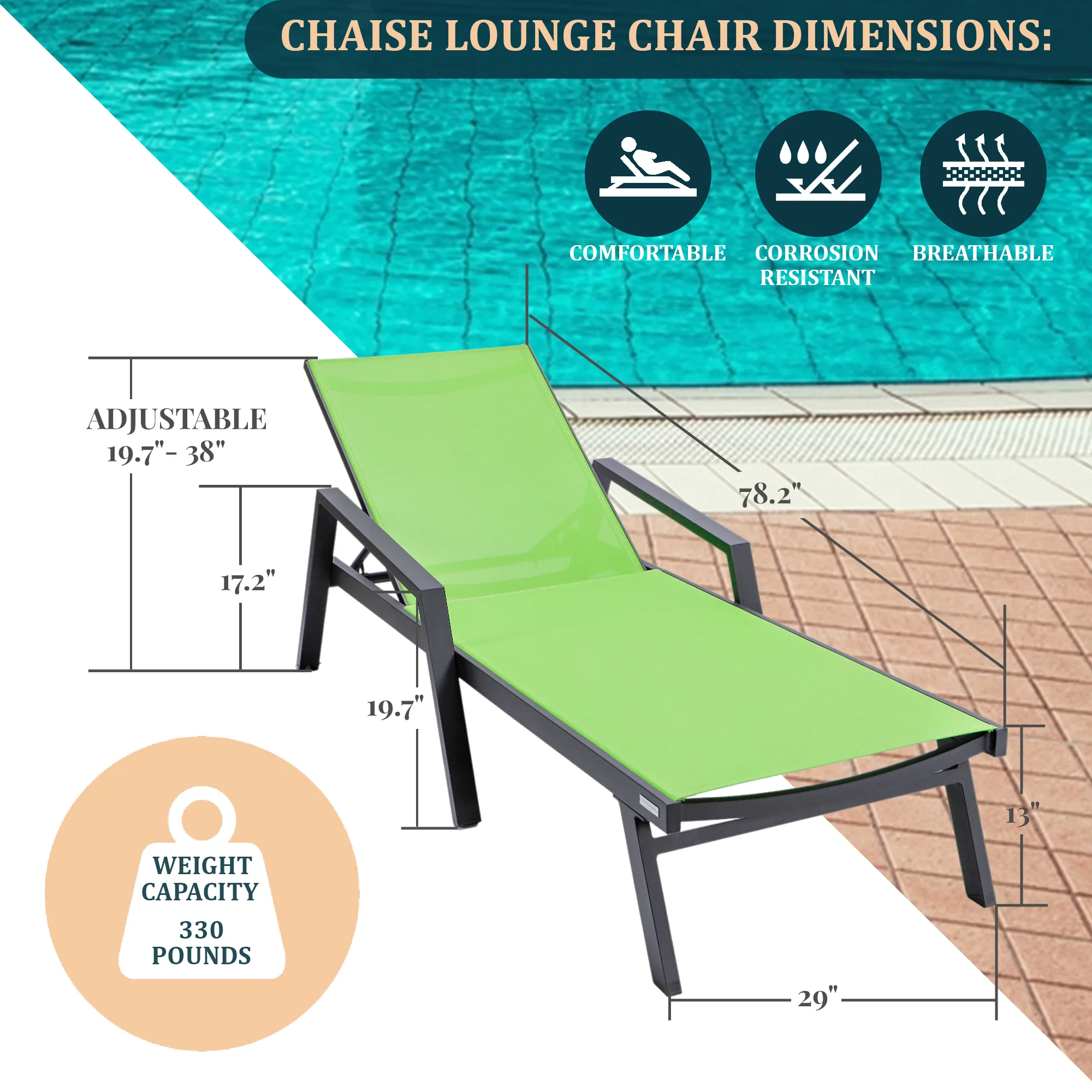 Marlin Modern Black Aluminum Outdoor Patio Chaise Lounge Chair With Arms and Square Fire Pit Side Table Perfect for Patio, Lawn, and Garden