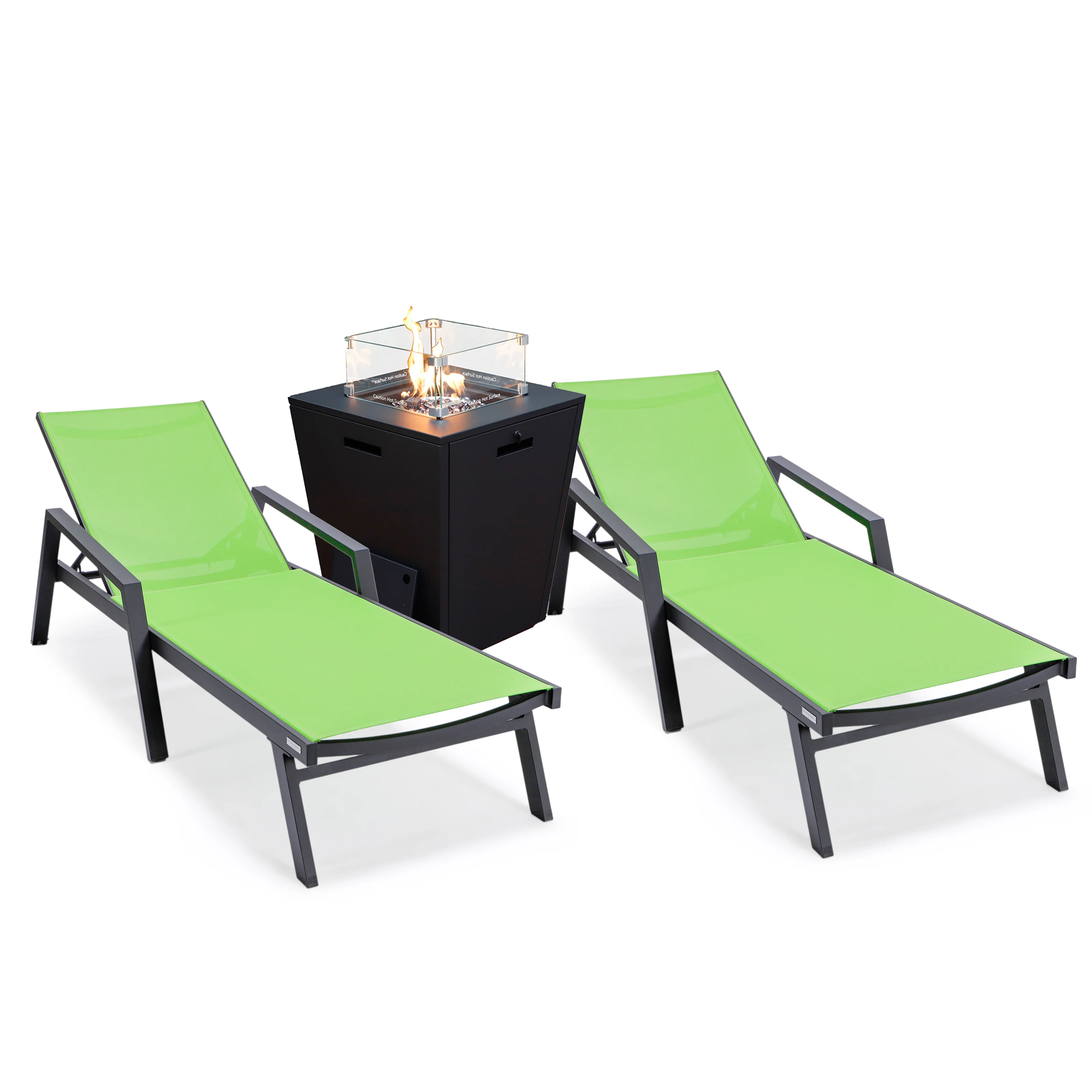 Marlin Modern Aluminum Outdoor Patio Chaise Lounge Chair With Arms Set of 2 with Square Fire Pit Side Table Perfect for Patio, Lawn, and Garden