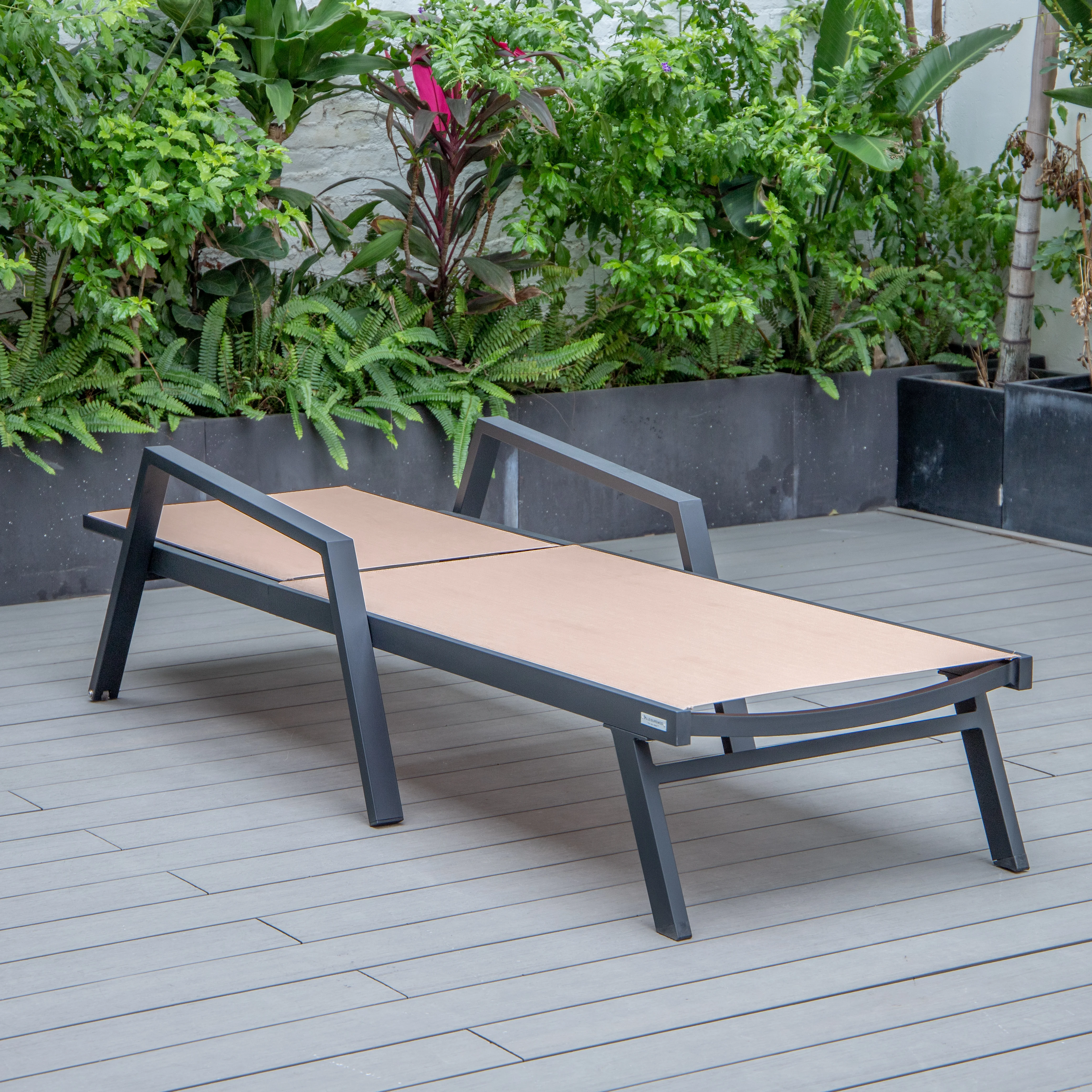 Marlin Modern Black Aluminum Outdoor Patio Chaise Lounge Chair With Arms and Square Fire Pit Side Table Perfect for Patio, Lawn, and Garden