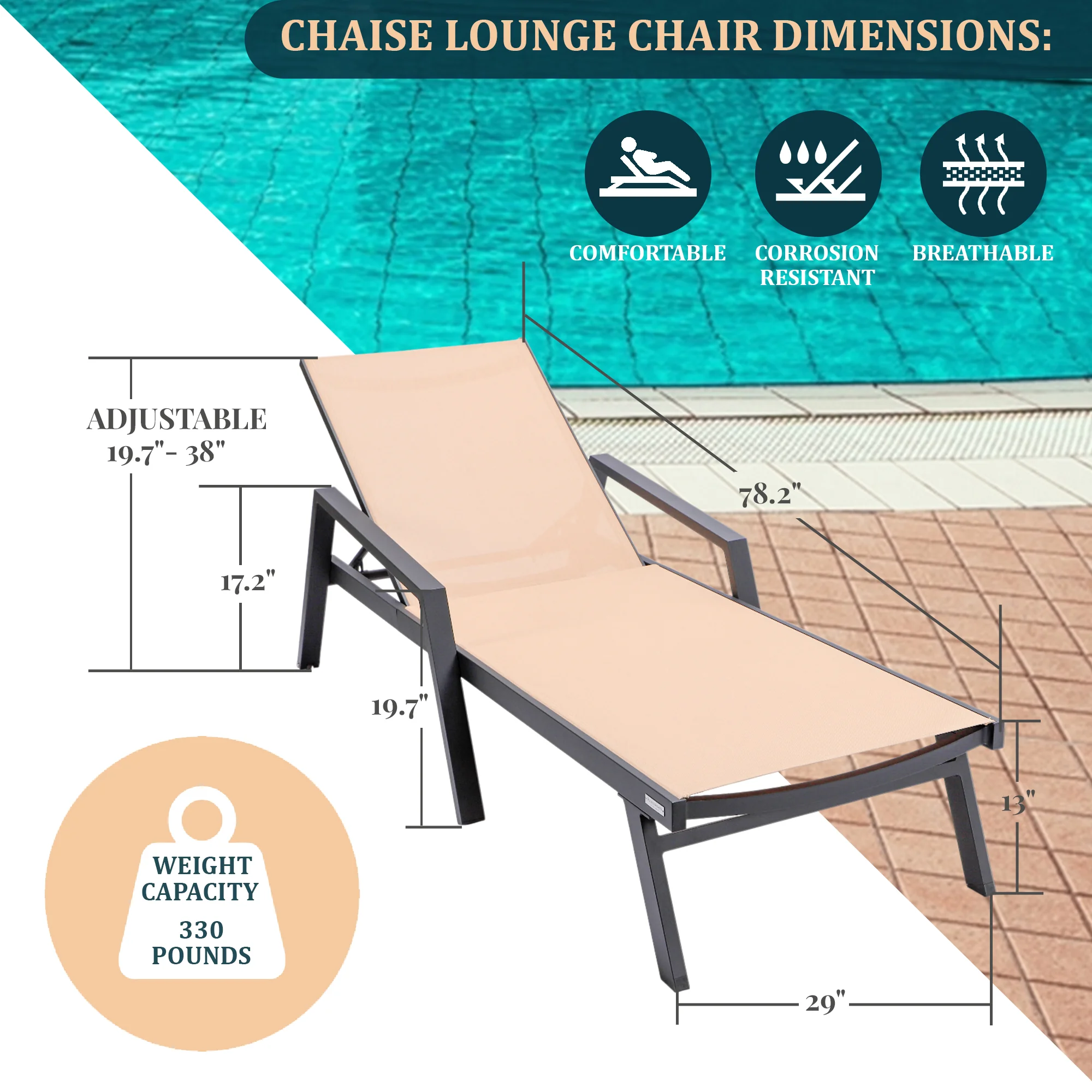 Marlin Modern Black Aluminum Outdoor Patio Chaise Lounge Chair With Arms and Square Fire Pit Side Table Perfect for Patio, Lawn, and Garden