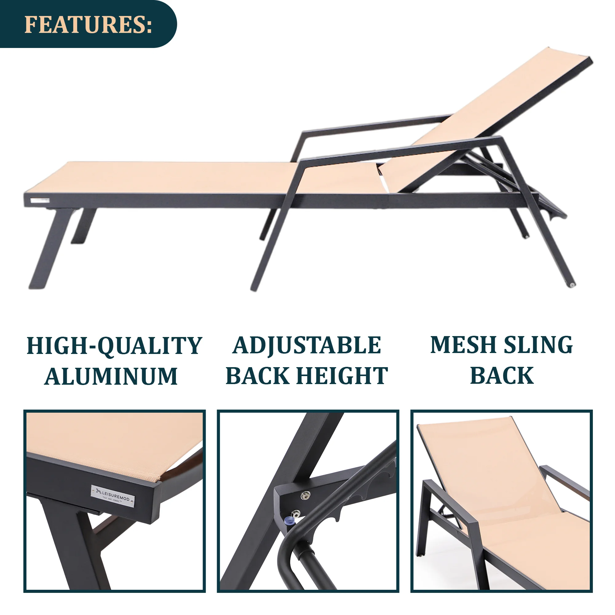 Marlin Modern Black Aluminum Outdoor Patio Chaise Lounge Chair With Arms and Square Fire Pit Side Table Perfect for Patio, Lawn, and Garden