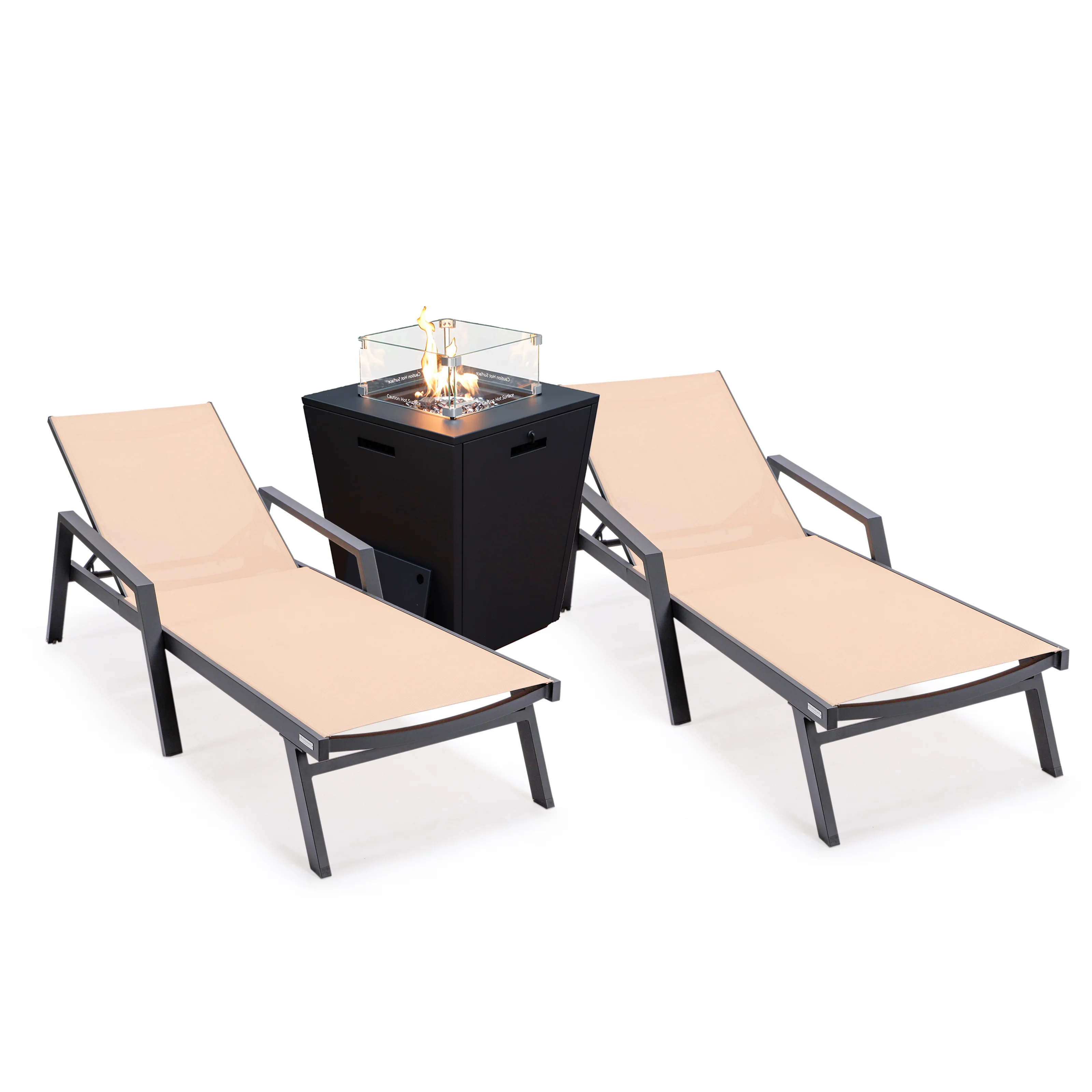 Marlin Modern Aluminum Outdoor Patio Chaise Lounge Chair With Arms Set of 2 with Square Fire Pit Side Table Perfect for Patio, Lawn, and Garden