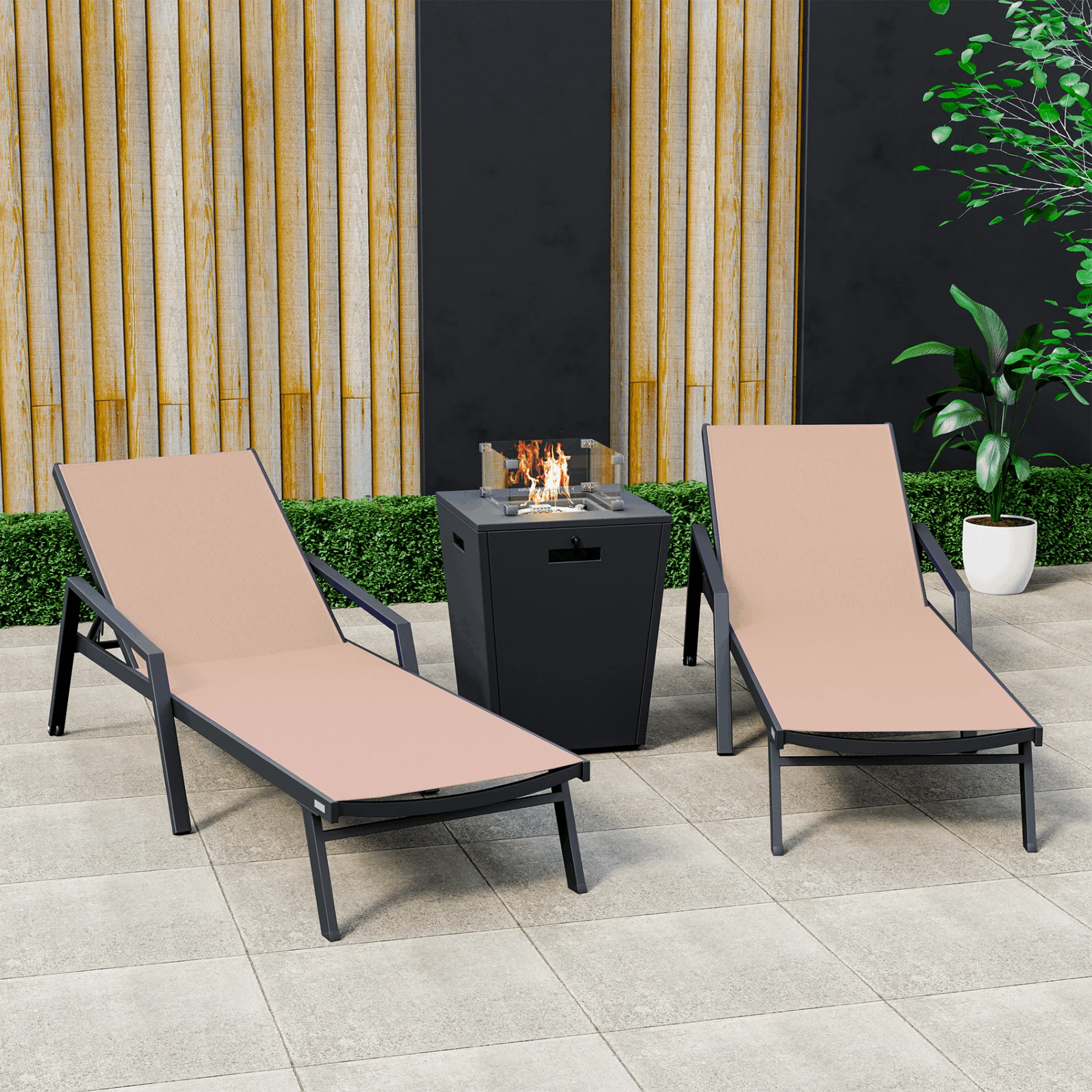 Marlin Modern Aluminum Outdoor Patio Chaise Lounge Chair With Arms Set of 2 with Square Fire Pit Side Table Perfect for Patio, Lawn, and Garden