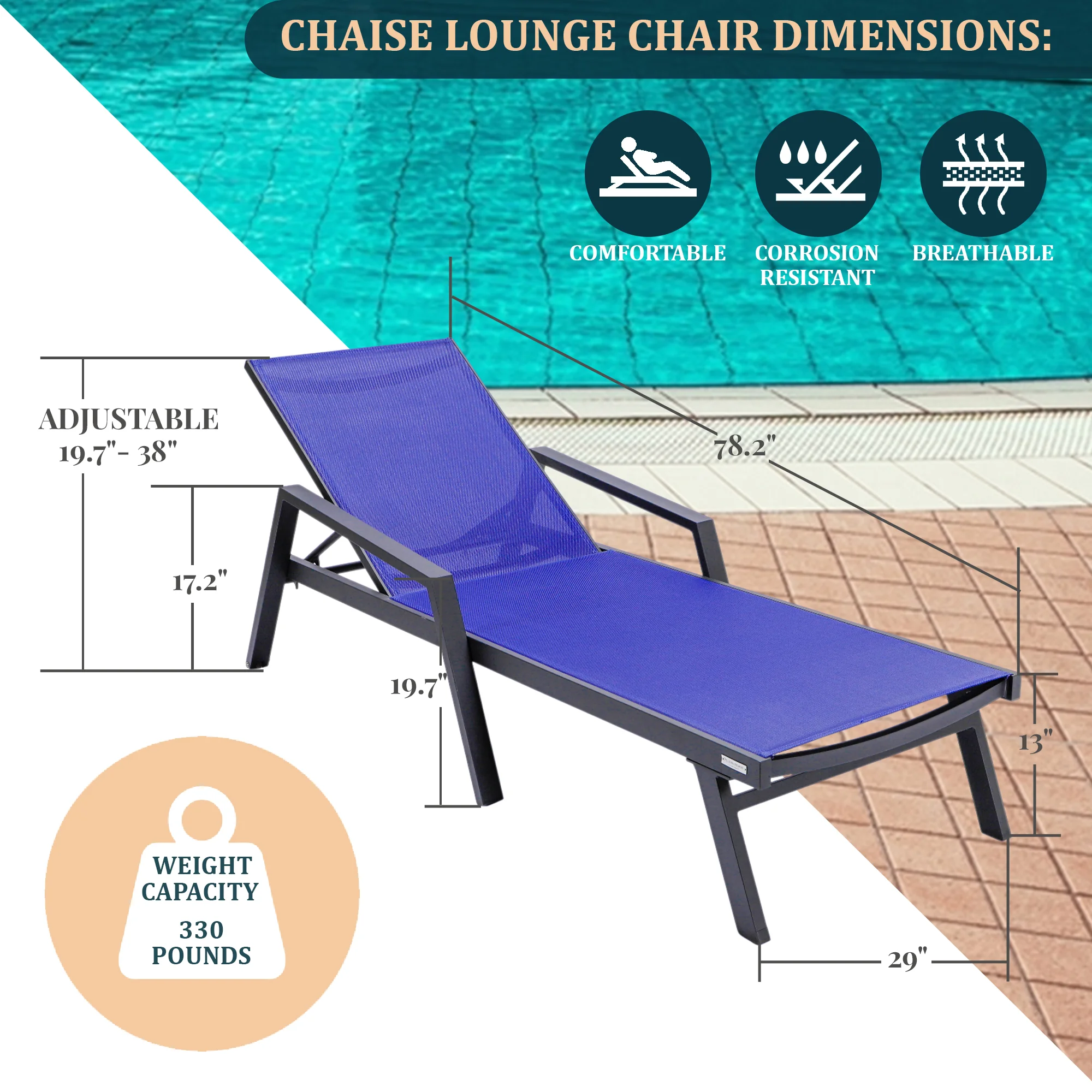 Marlin Modern Black Aluminum Outdoor Patio Chaise Lounge Chair With Arms and Square Fire Pit Side Table Perfect for Patio, Lawn, and Garden