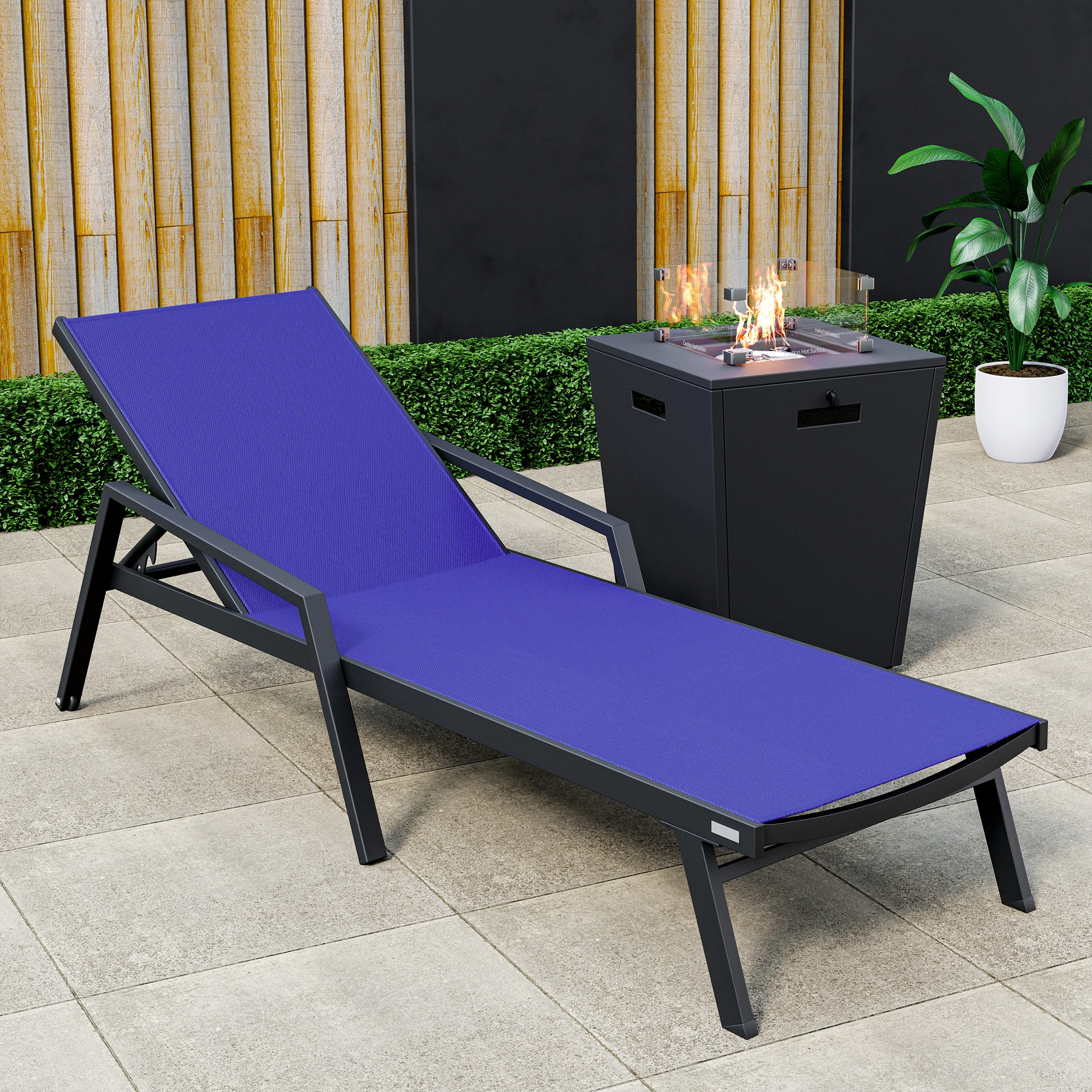 Marlin Modern Black Aluminum Outdoor Patio Chaise Lounge Chair With Arms and Square Fire Pit Side Table Perfect for Patio, Lawn, and Garden