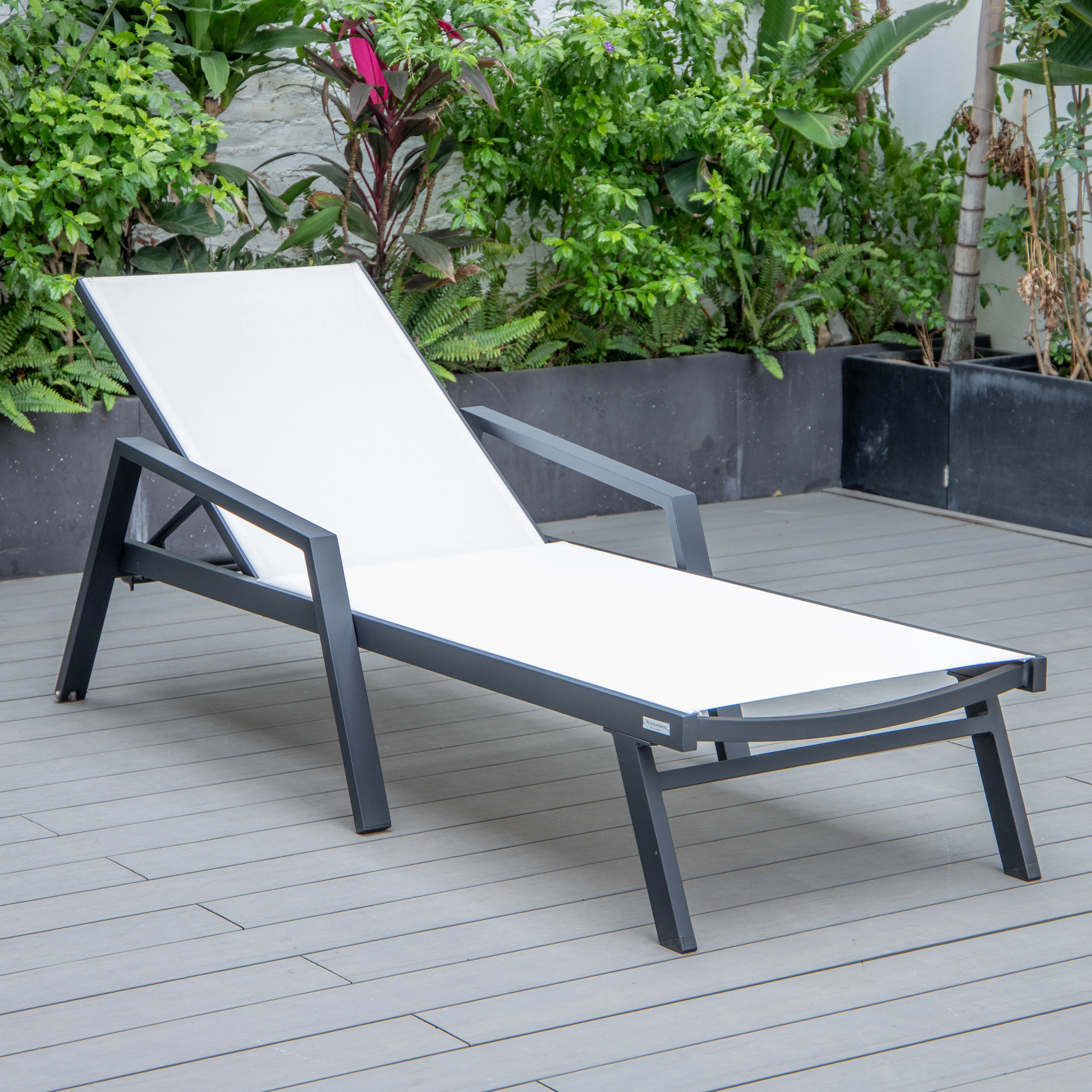 Marlin Modern Black Aluminum Outdoor Patio Chaise Lounge Chair With Arms and Square Fire Pit Side Table Perfect for Patio, Lawn, and Garden
