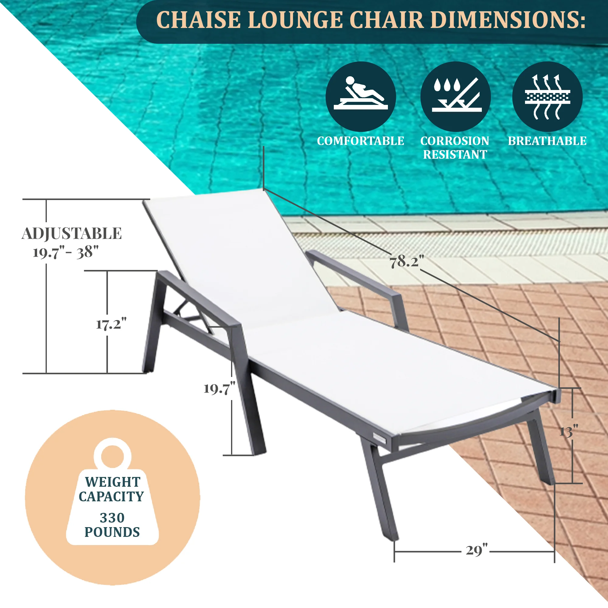Marlin Modern Black Aluminum Outdoor Patio Chaise Lounge Chair With Arms and Square Fire Pit Side Table Perfect for Patio, Lawn, and Garden