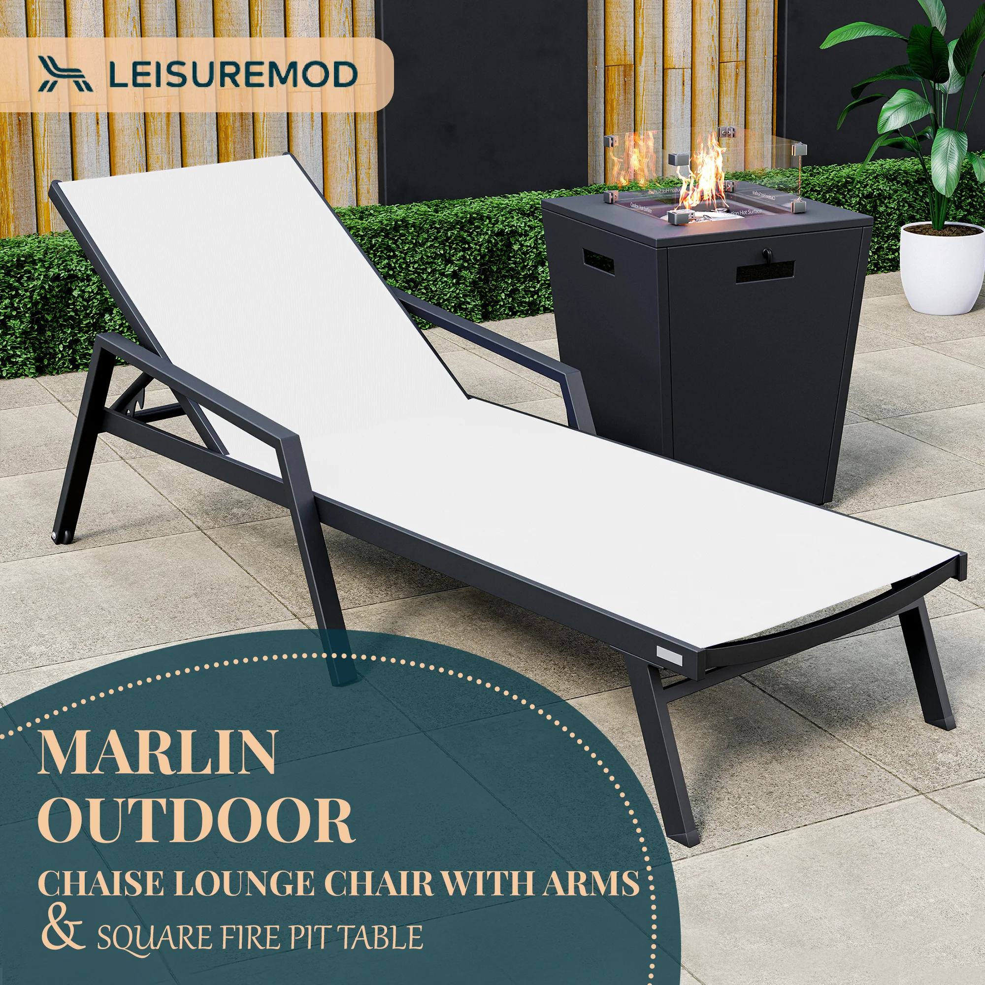 Marlin Modern Black Aluminum Outdoor Patio Chaise Lounge Chair With Arms and Square Fire Pit Side Table Perfect for Patio, Lawn, and Garden