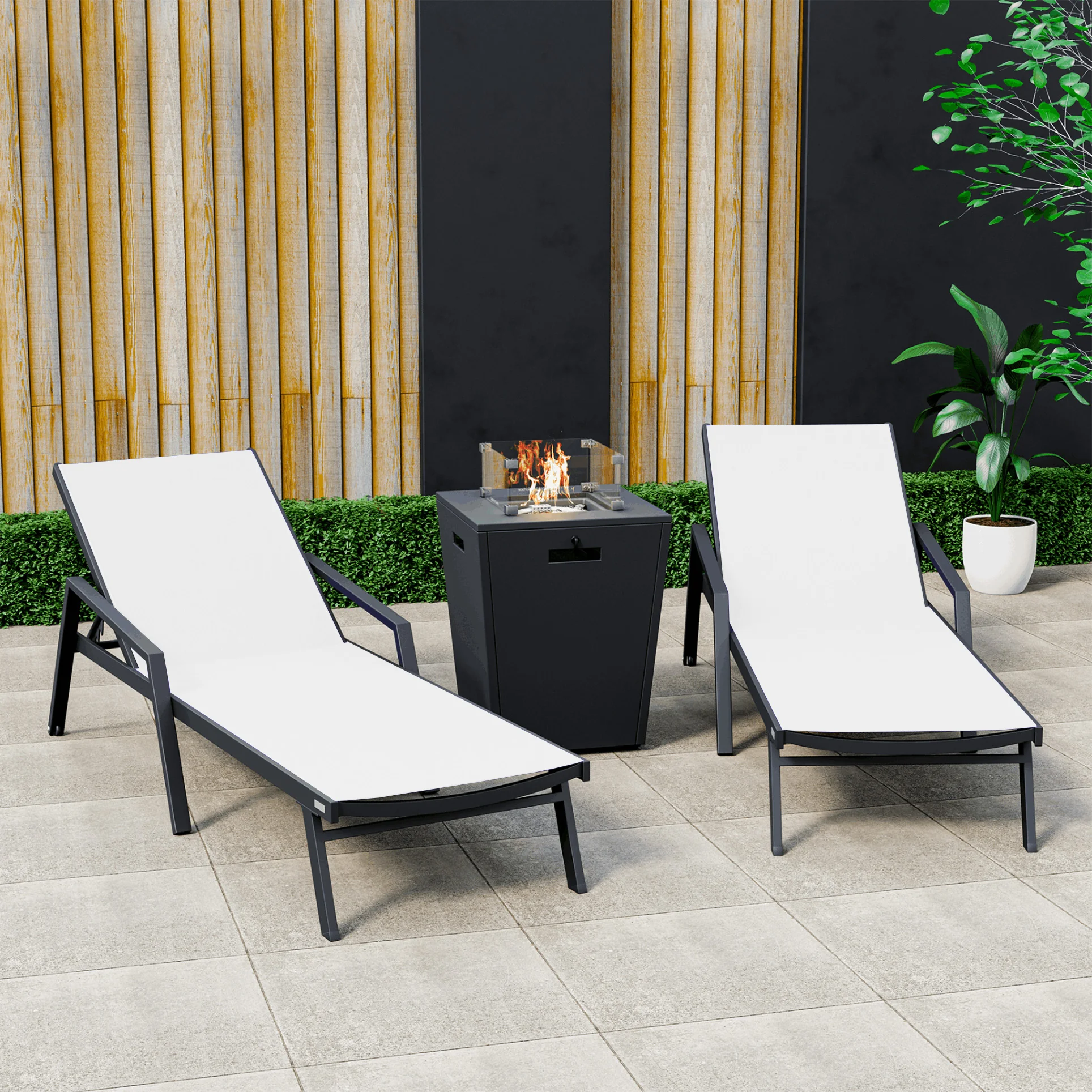 Marlin Modern Aluminum Outdoor Patio Chaise Lounge Chair With Arms Set of 2 with Square Fire Pit Side Table Perfect for Patio, Lawn, and Garden