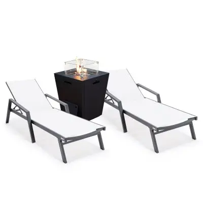 Marlin Modern Aluminum Outdoor Patio Chaise Lounge Chair With Arms Set of 2 with Square Fire Pit Side Table Perfect for Patio, Lawn, and Garden