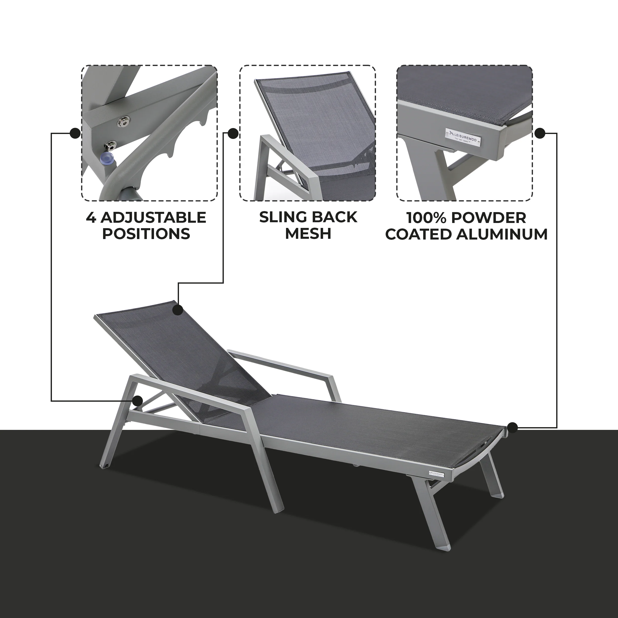 Marlin Patio Chaise Lounge Chair With Armrests in Grey Aluminum Frame