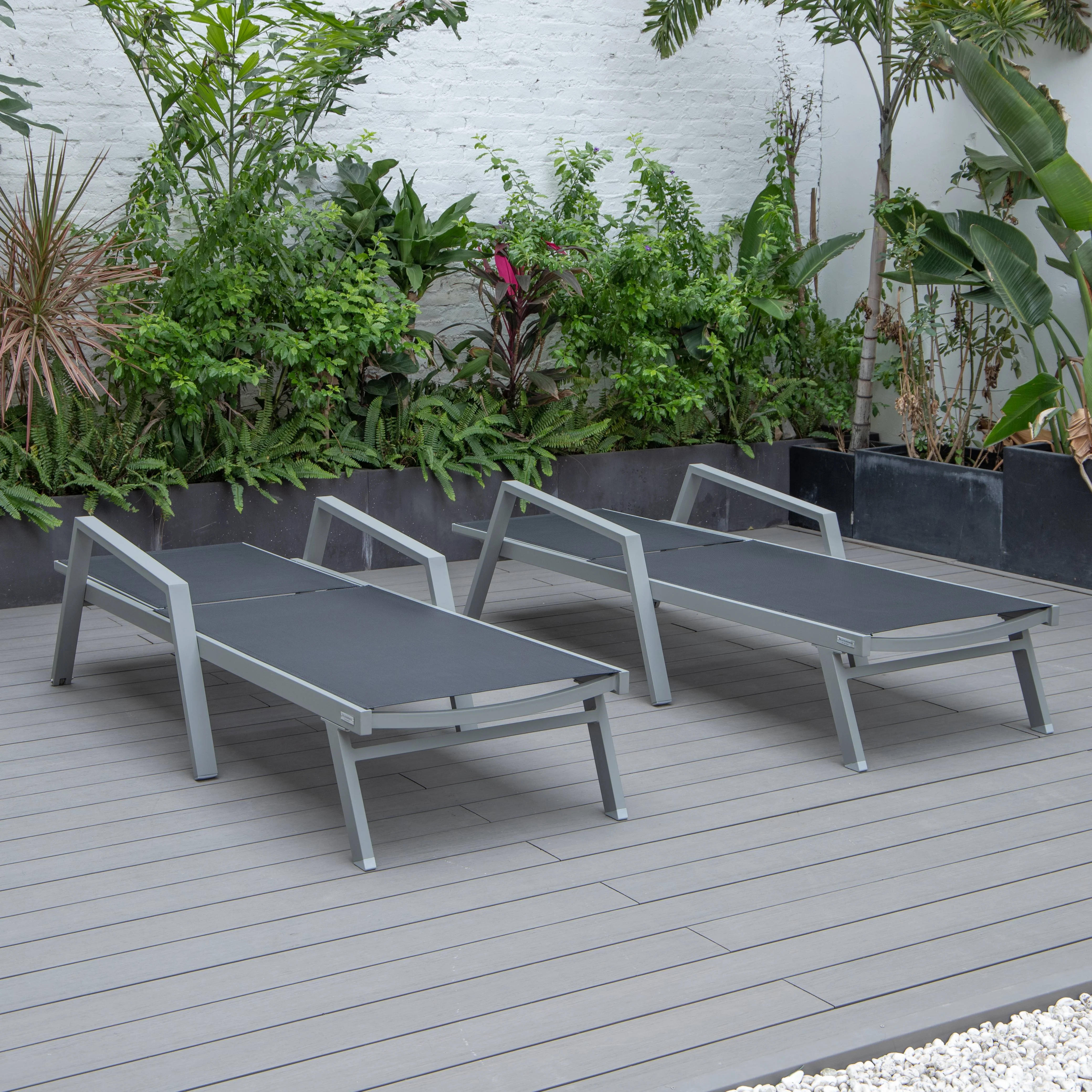 Marlin Patio Chaise Lounge Chair With Armrests in Grey Aluminum Frame, Set of 2 in Black