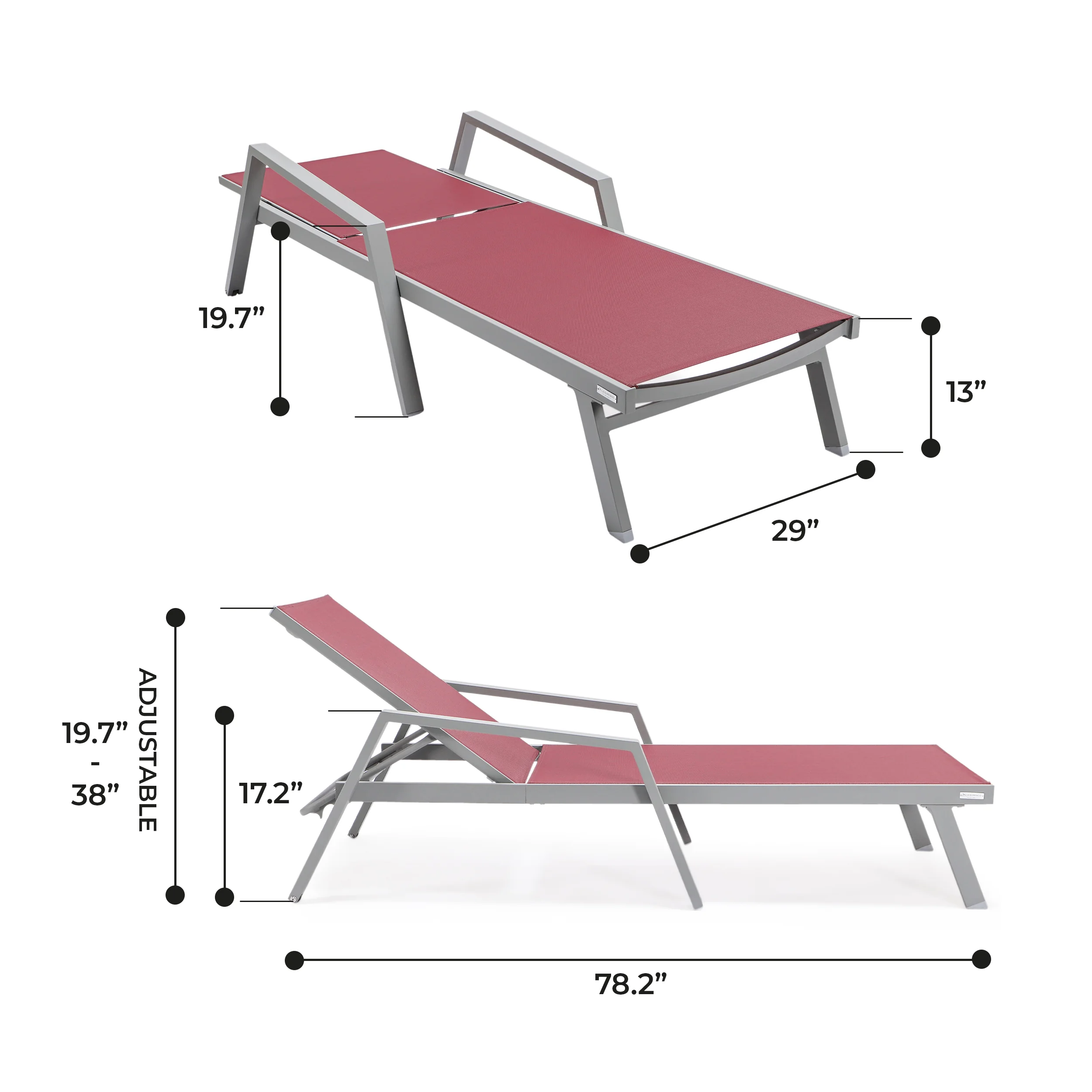 Marlin Patio Chaise Lounge Chair With Armrests in Grey Aluminum Frame