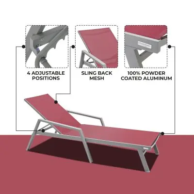 Marlin Patio Chaise Lounge Chair With Armrests in Grey Aluminum Frame