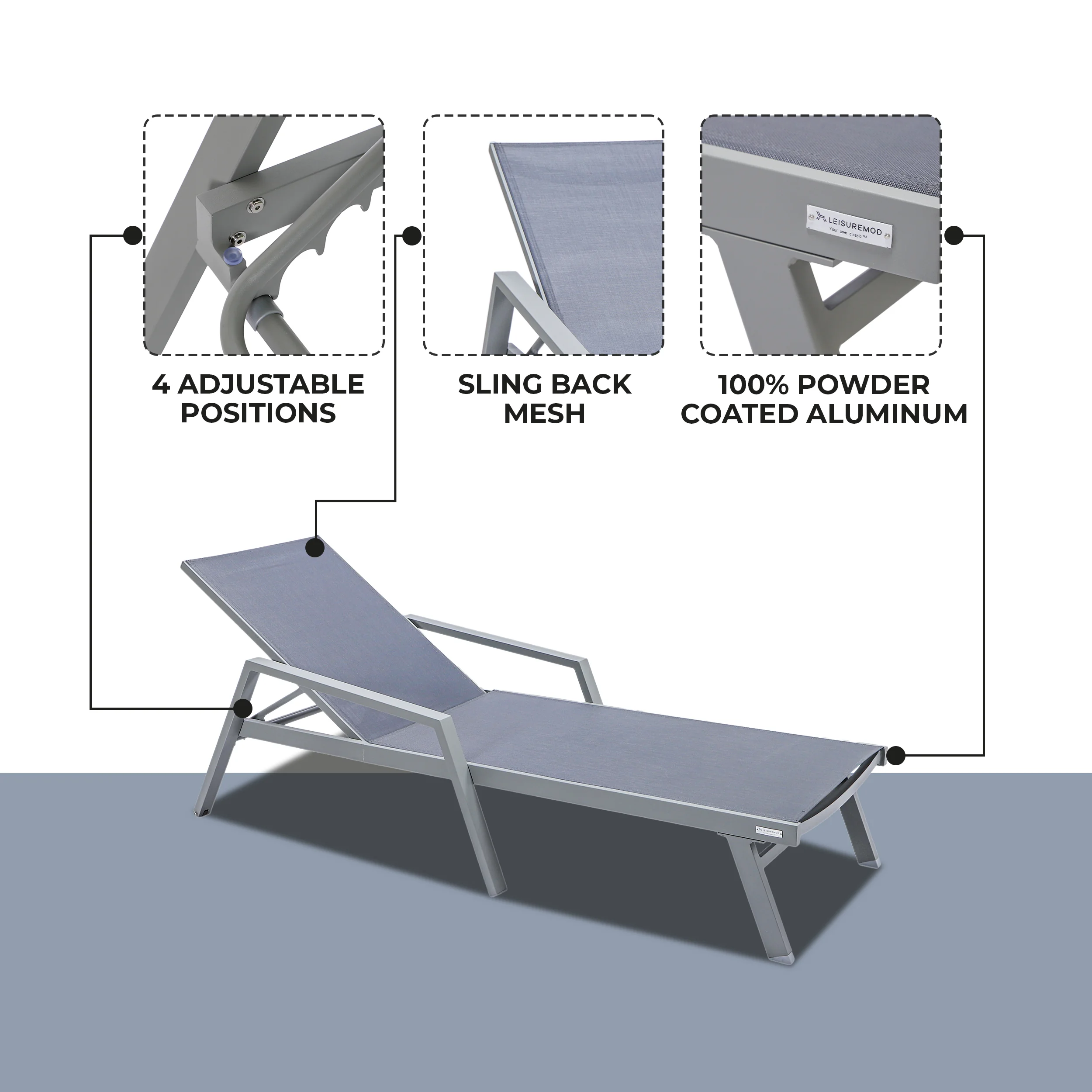 Marlin Patio Chaise Lounge Chair With Armrests in Grey Aluminum Frame
