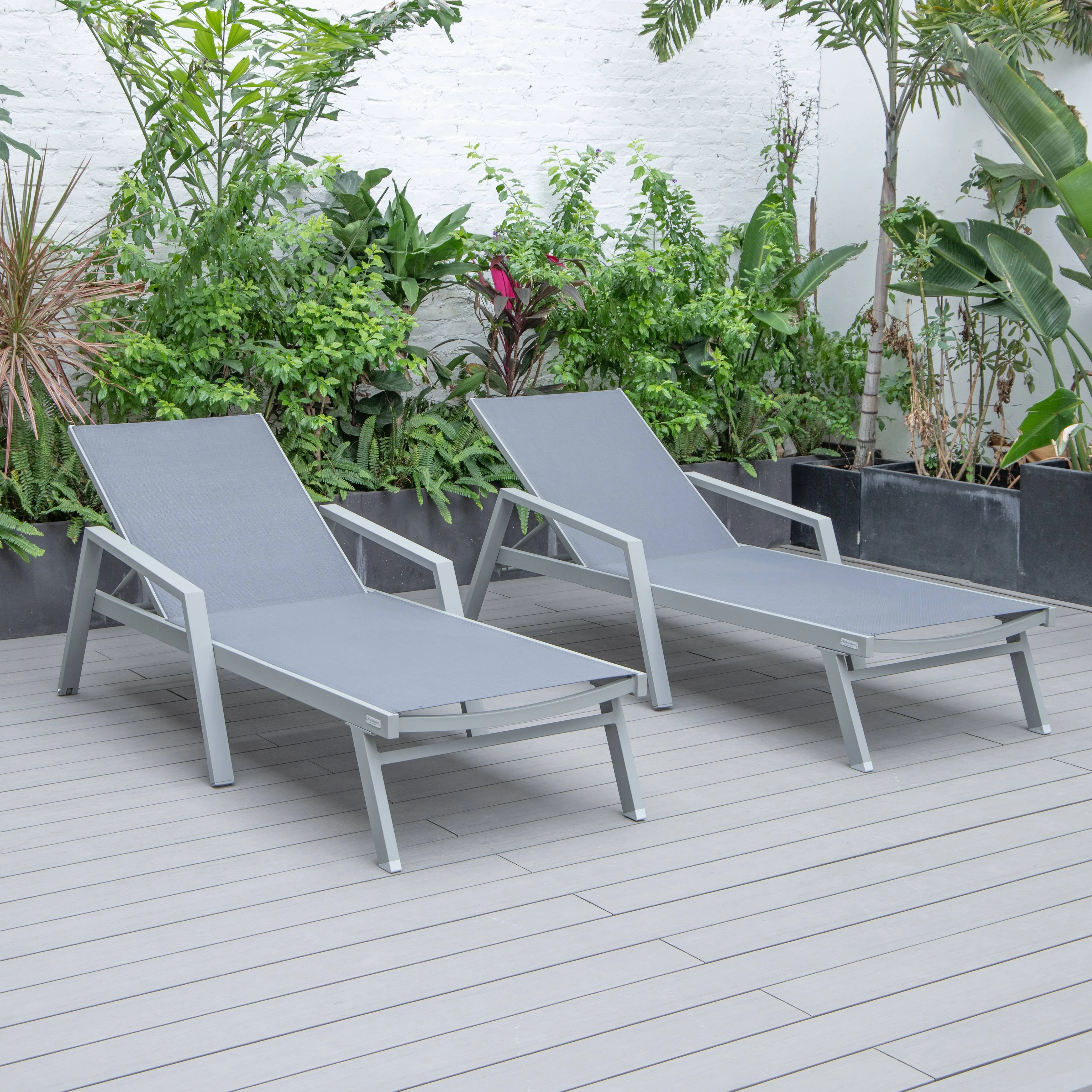 Marlin Patio Chaise Lounge Chair With Armrests in Grey Aluminum Frame, Set of 2 in Dark Grey