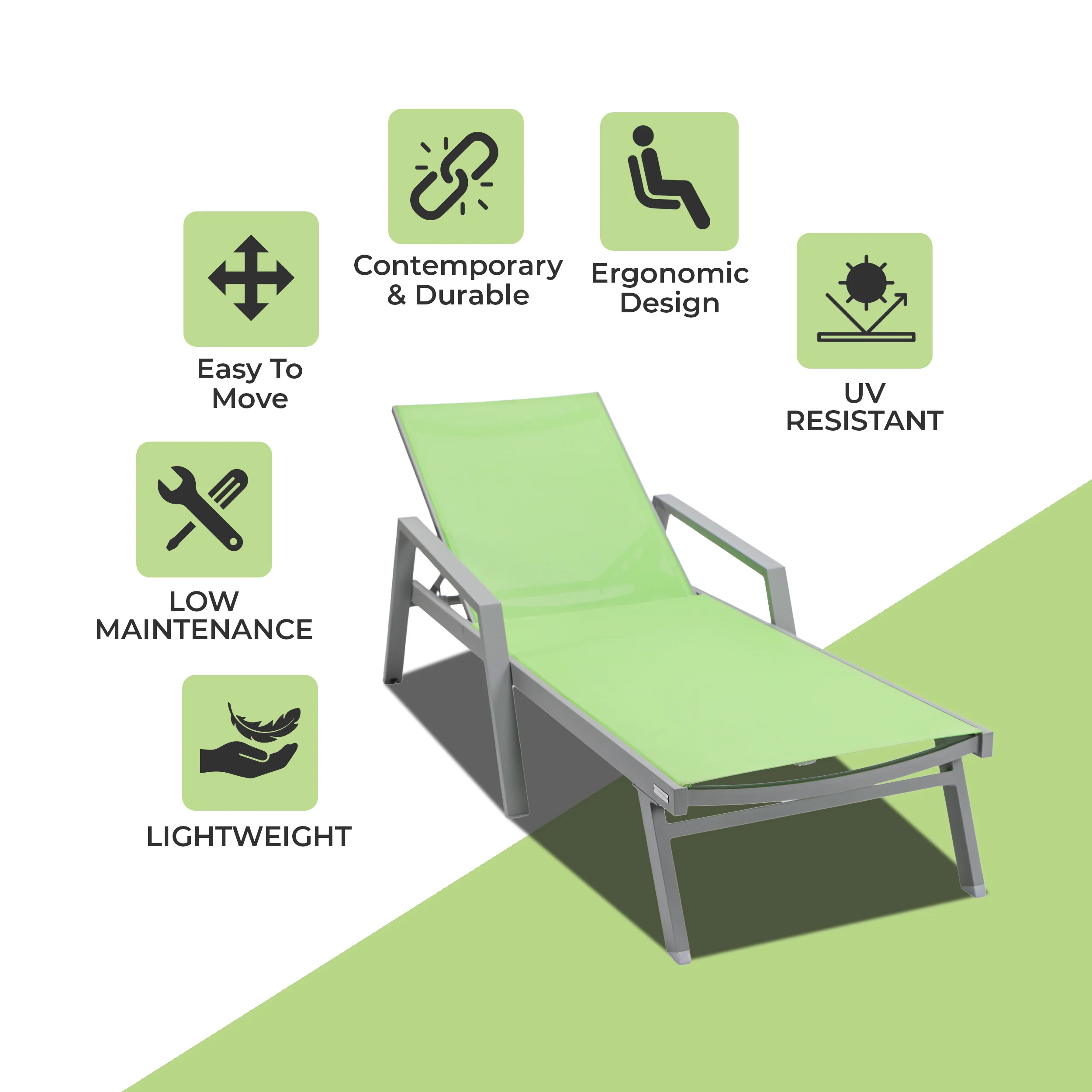 Marlin Patio Chaise Lounge Chair With Armrests in Grey Aluminum Frame