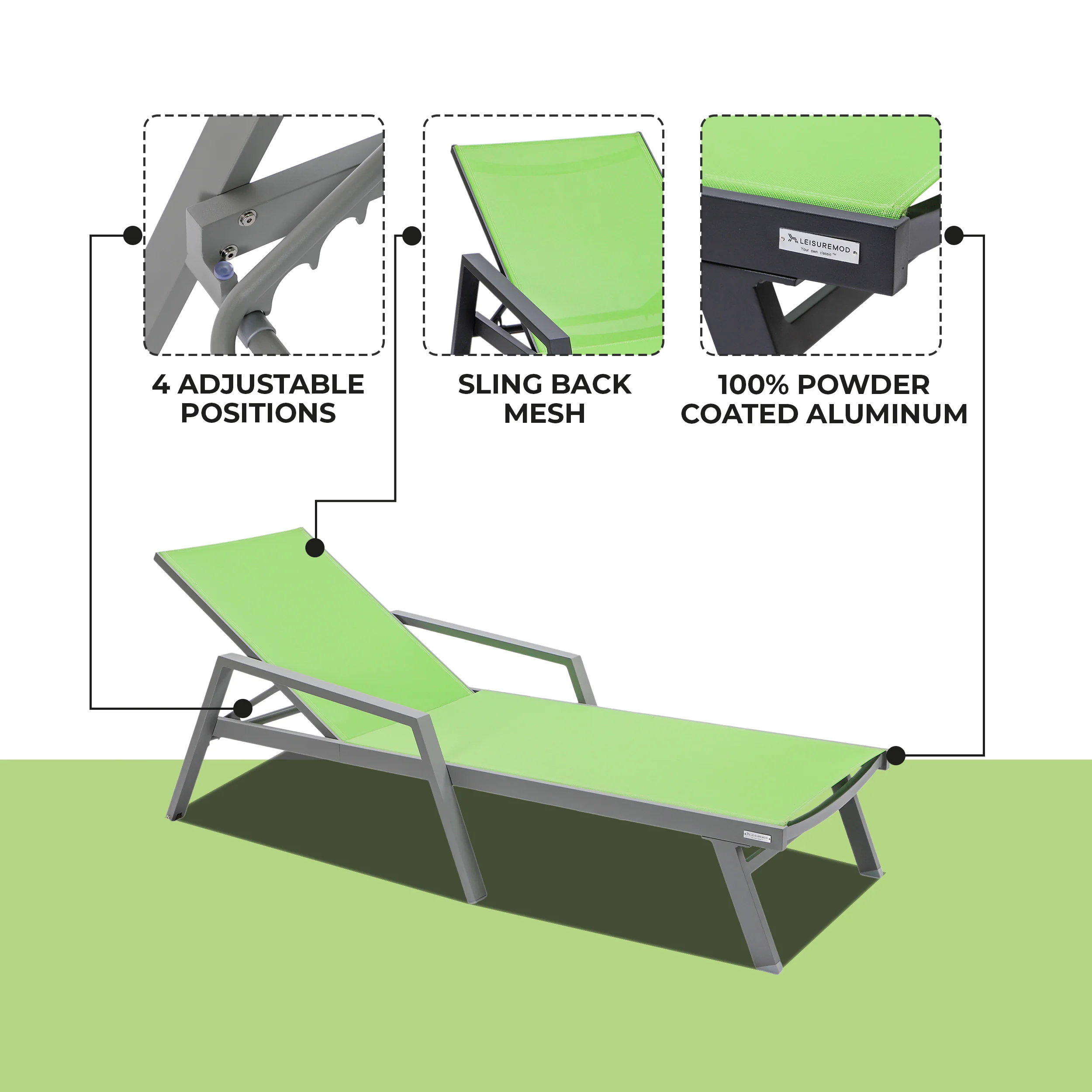 Marlin Patio Chaise Lounge Chair With Armrests in Grey Aluminum Frame