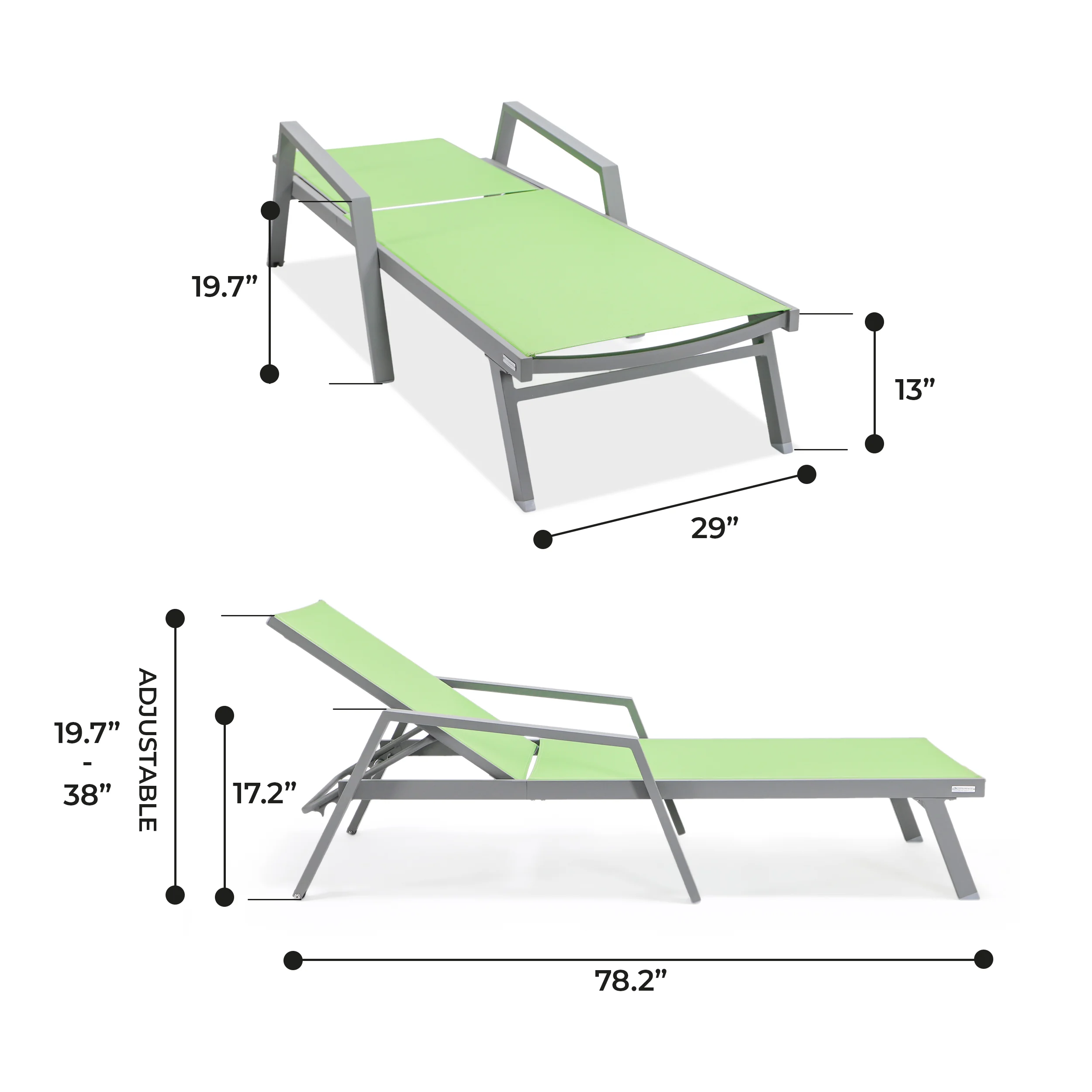 Marlin Patio Chaise Lounge Chair With Armrests in Grey Aluminum Frame
