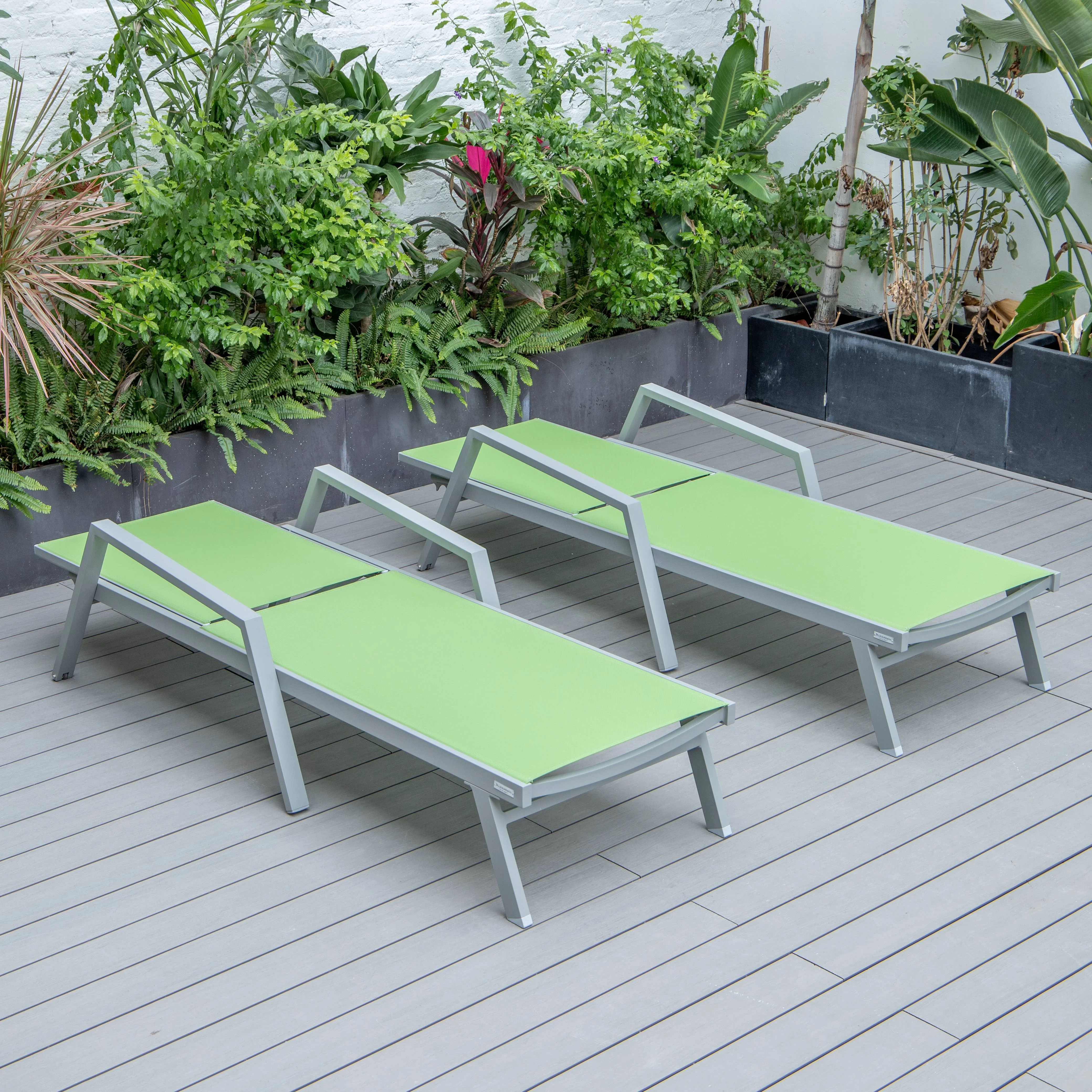 Marlin Patio Chaise Lounge Chair With Armrests in Grey Aluminum Frame, Set of 2 in Green