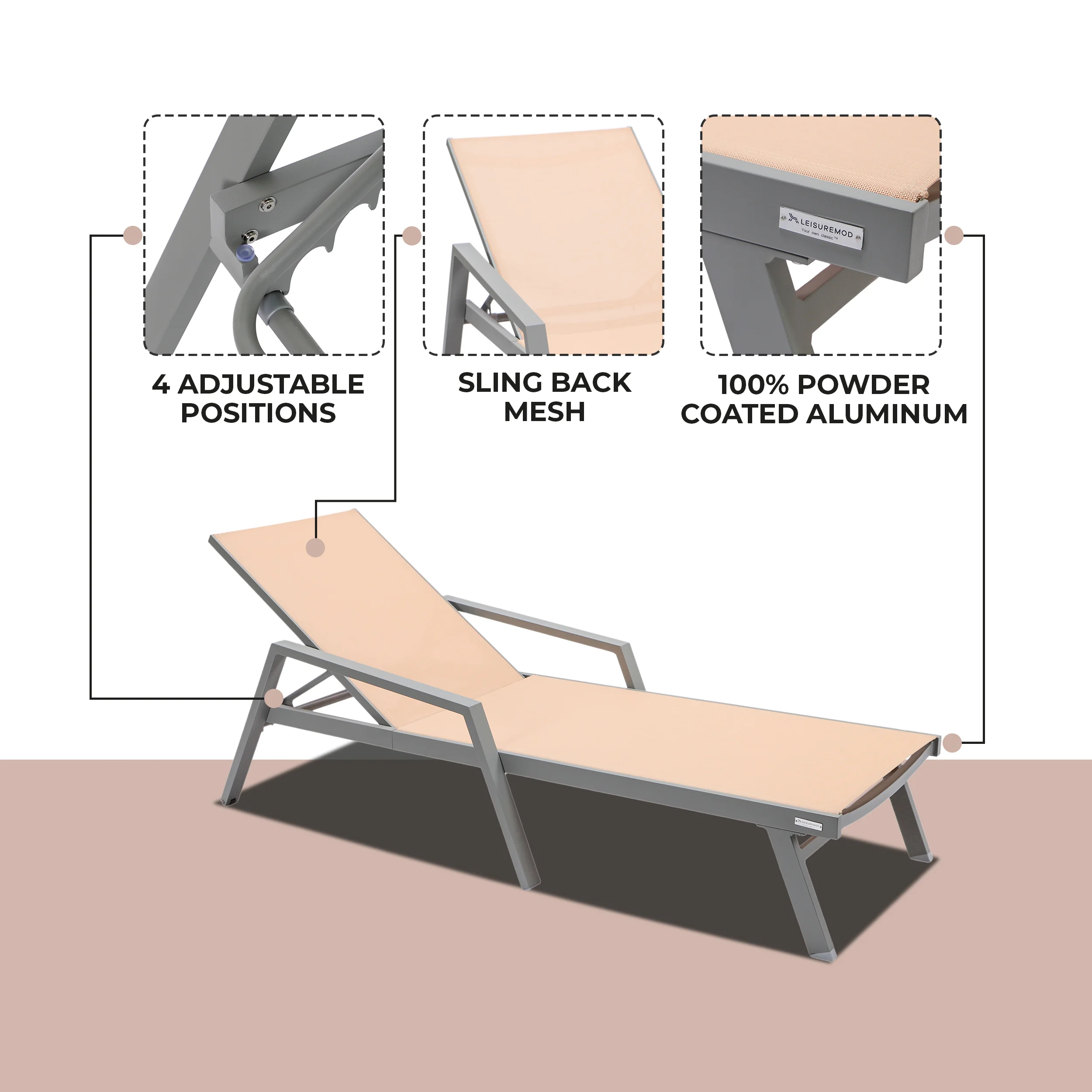 Marlin Patio Chaise Lounge Chair With Armrests in Grey Aluminum Frame