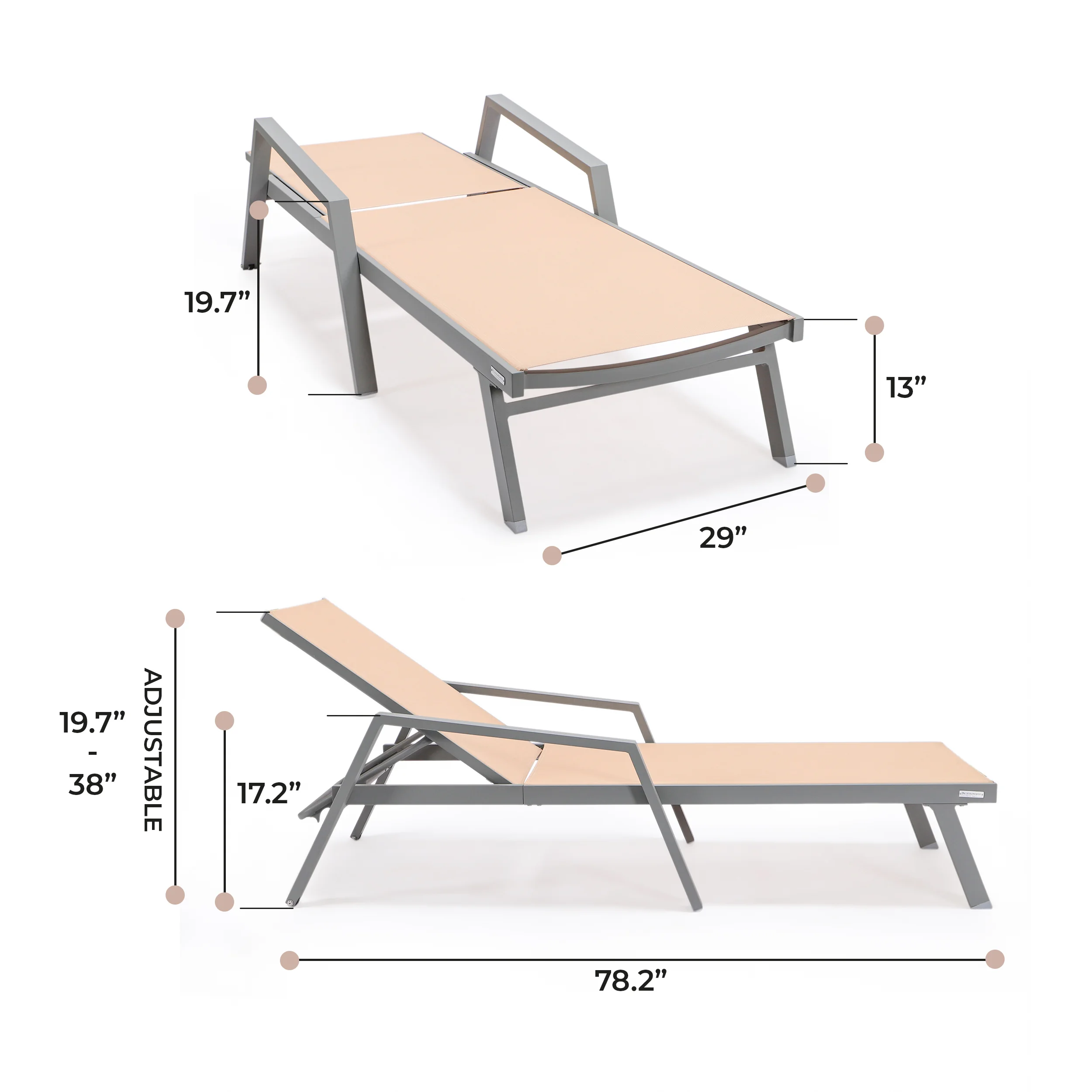 Marlin Patio Chaise Lounge Chair With Armrests in Grey Aluminum Frame