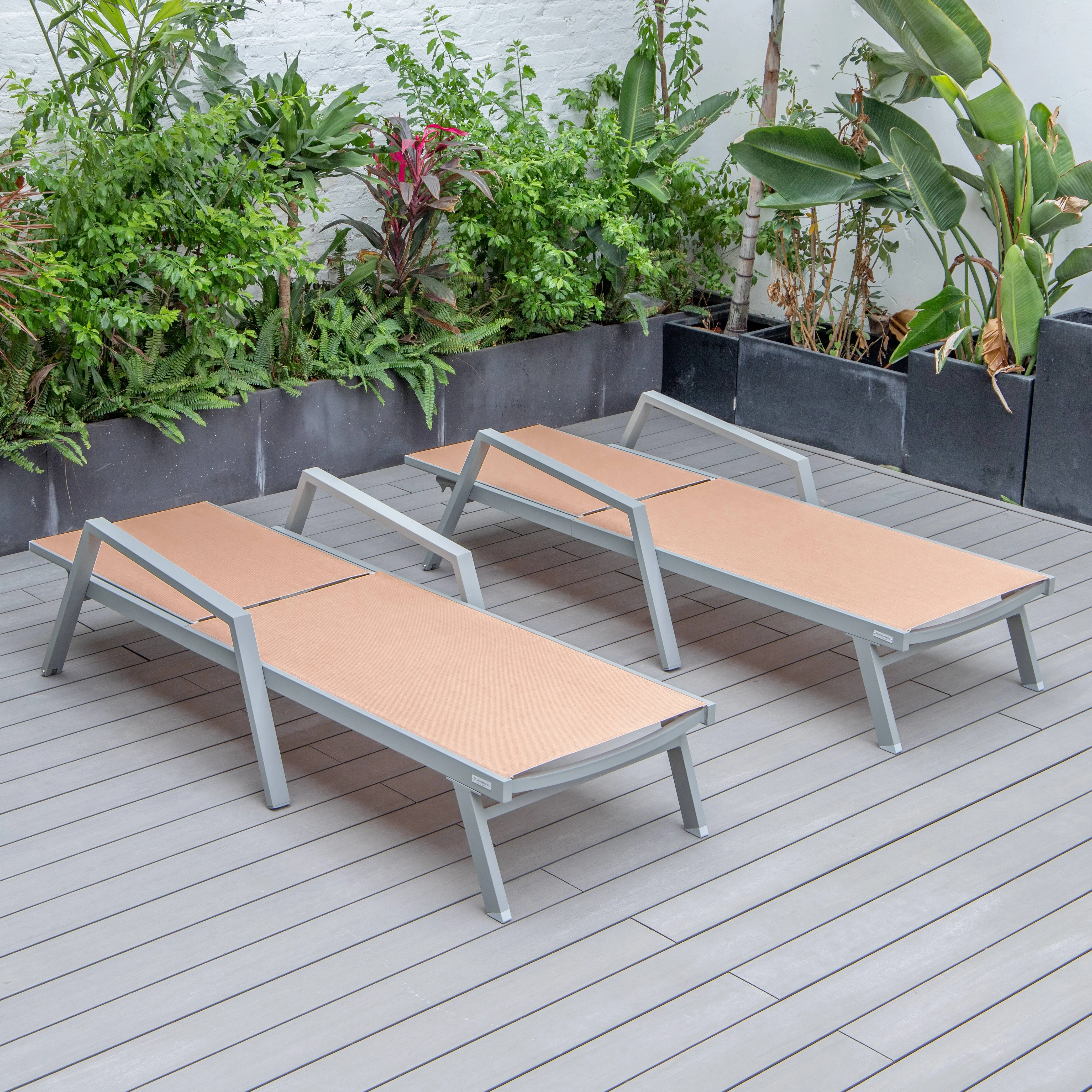 Marlin Patio Chaise Lounge Chair With Armrests in Grey Aluminum Frame, Set of 2 in Light Brown