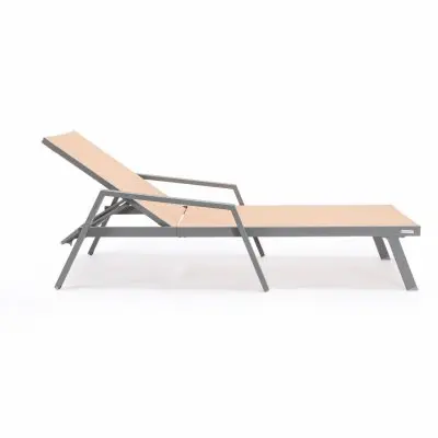 Marlin Patio Chaise Lounge Chair With Armrests in Grey Aluminum Frame, Set of 2 in Light Brown