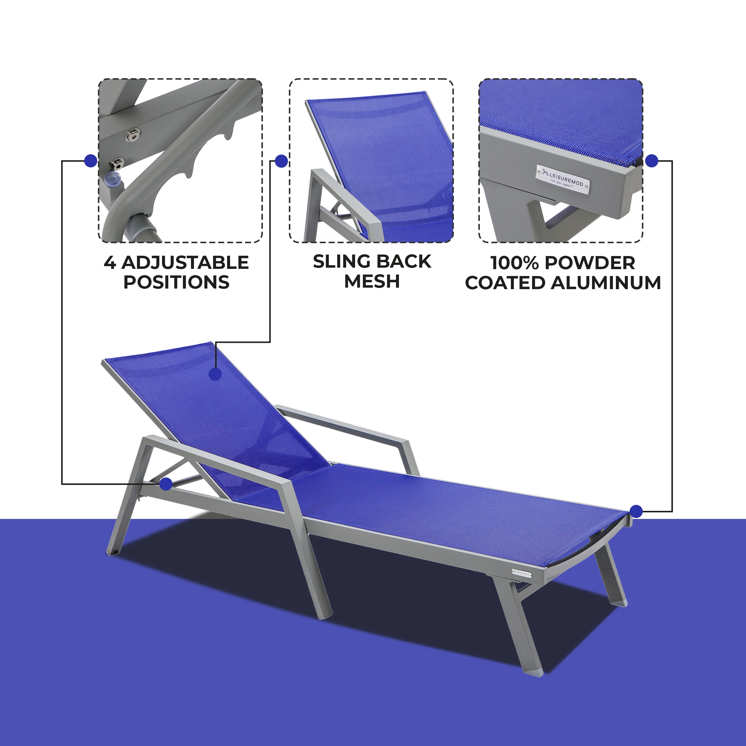 Marlin Patio Chaise Lounge Chair With Armrests in Grey Aluminum Frame
