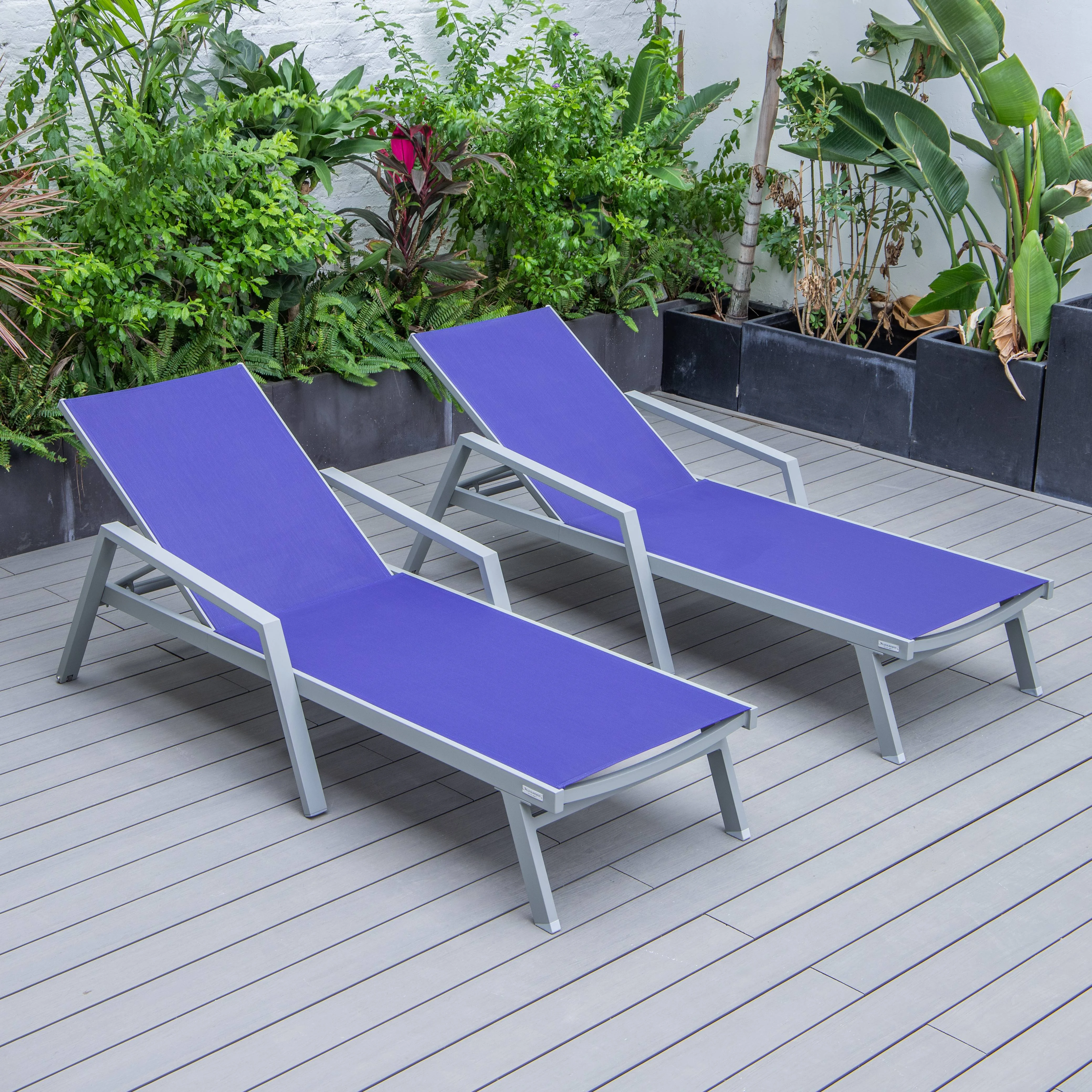 Marlin Patio Chaise Lounge Chair With Armrests in Grey Aluminum Frame, Set of 2 in Navy Blue